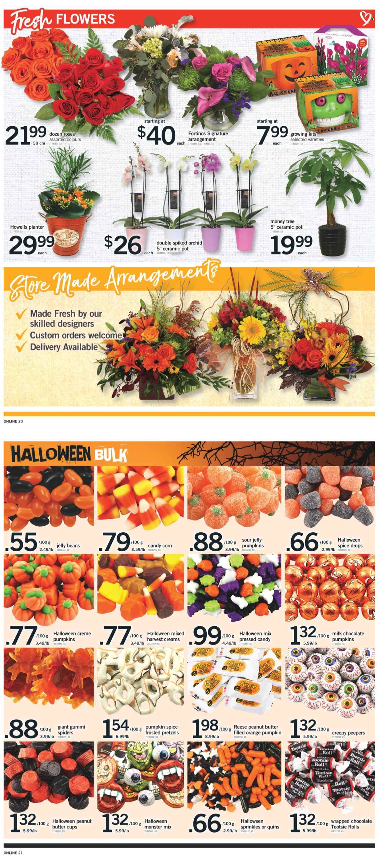 thumbnail - Fortinos Flyer - October 14, 2021 - October 20, 2021 - Sales products - pretzels, corn, milk chocolate, chocolate, jelly beans, peanut butter cups, spice, Monster, pot, Halloween, rose, oranges. Page 11.