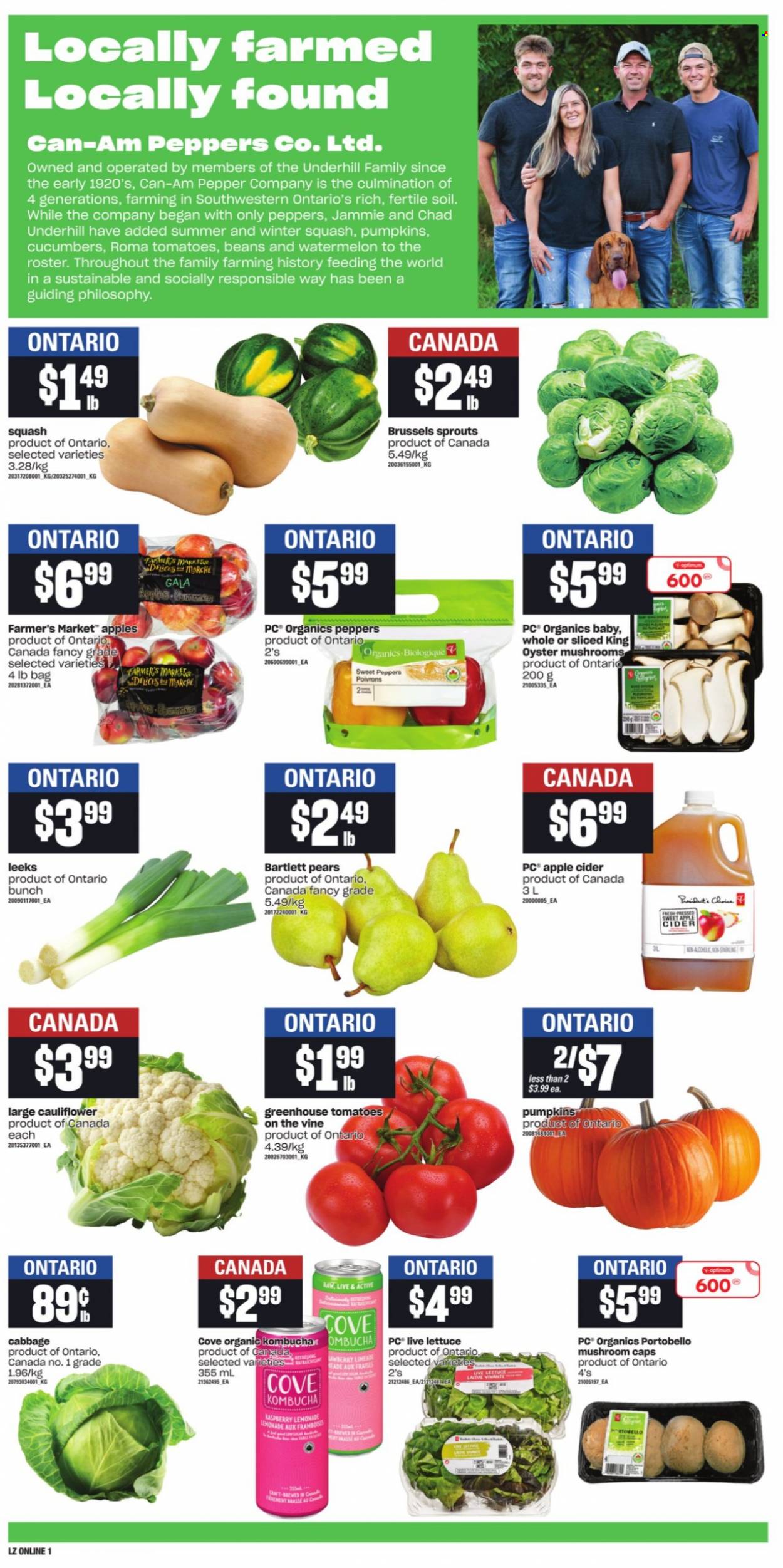 thumbnail - Loblaws Flyer - October 14, 2021 - October 20, 2021 - Sales products - portobello mushrooms, oyster mushrooms, mushrooms, cabbage, cauliflower, sweet peppers, pumpkin, lettuce, brussel sprouts, Bartlett pears, Gala, watermelon, pears, oysters, pepper, lemonade, kombucha, apple cider, cider. Page 4.