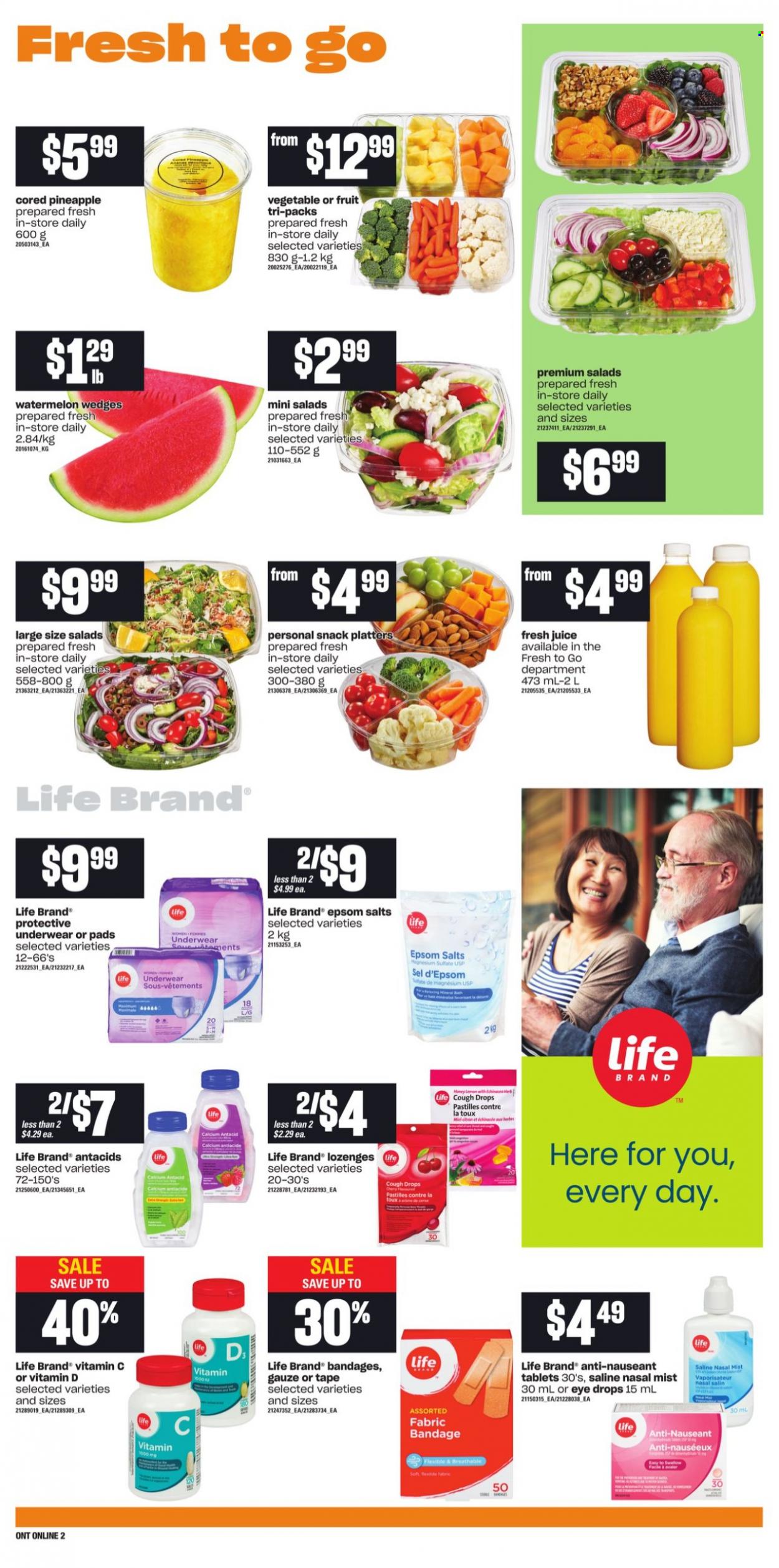 thumbnail - Loblaws Flyer - October 14, 2021 - October 20, 2021 - Sales products - watermelon, pineapple, pastilles, herbs, honey, juice, magnesium, vitamin c, eye drops, Antacid, cough drops, calcium. Page 5.