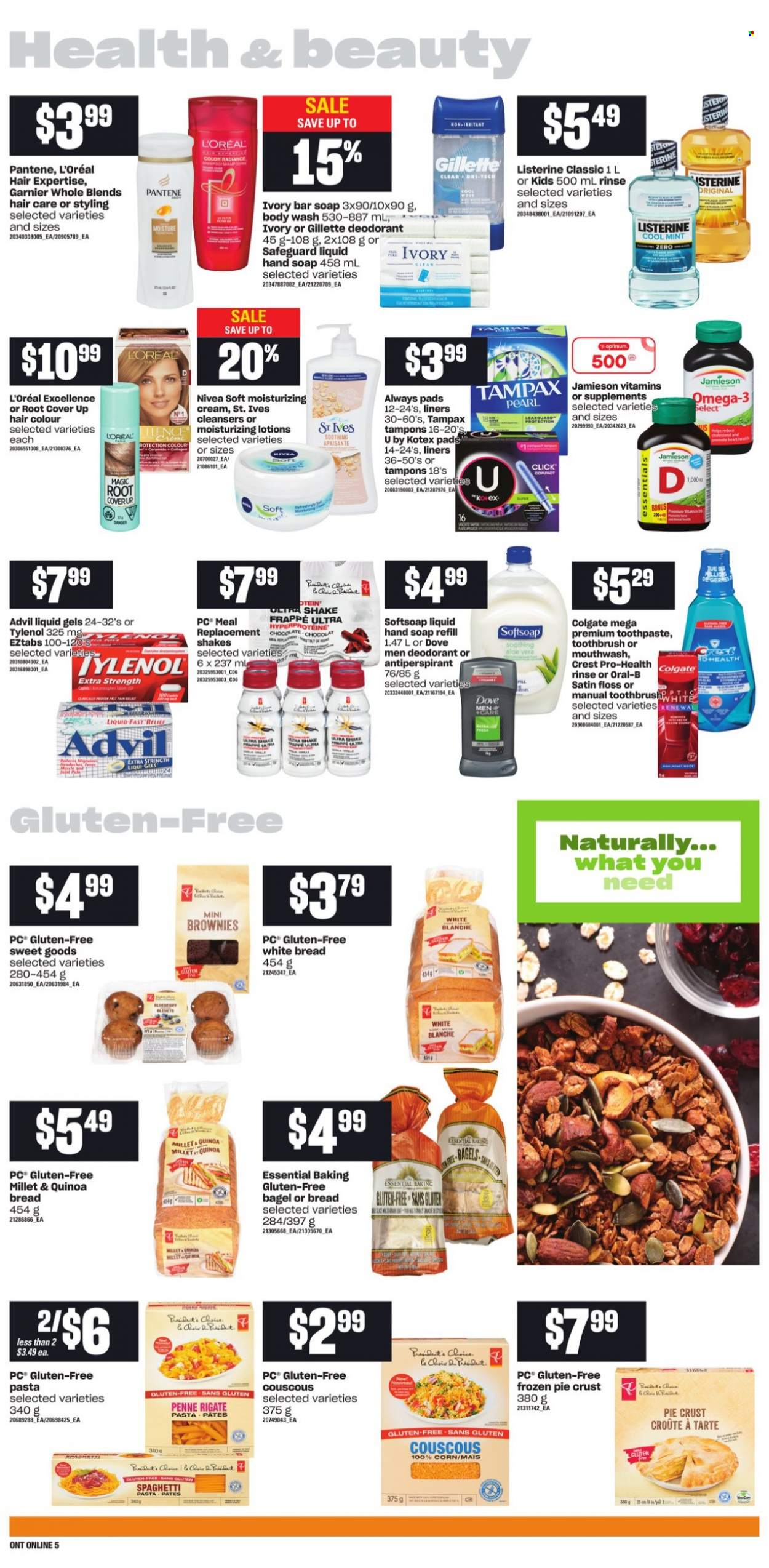 thumbnail - Loblaws Flyer - October 14, 2021 - October 20, 2021 - Sales products - bagels, bread, white bread, brownies, corn, spaghetti, pasta, shake, chocolate, pie crust, penne, WAVE, body wash, Softsoap, hand soap, soap bar, soap, toothbrush, toothpaste, mouthwash, Crest, Always pads, Kotex, Kotex pads, tampons, L’Oréal, hair color, anti-perspirant, Tylenol, Omega-3, Advil Rapid, couscous, Dove, Colgate, Garnier, Gillette, Listerine, quinoa, Tampax, Pantene, Nivea, Oral-B, deodorant. Page 9.