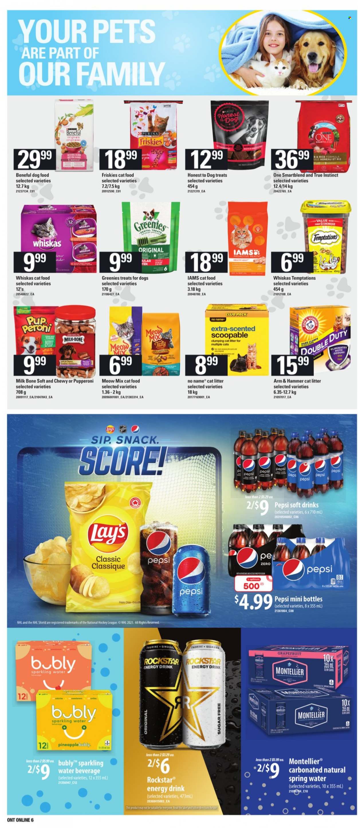 thumbnail - Loblaws Flyer - October 14, 2021 - October 20, 2021 - Sales products - grapefruits, No Name, milk, snack, potato chips, Lay’s, ARM & HAMMER, Pepsi, energy drink, soft drink, Rockstar, spring water, sparkling water, Peroni, cat litter, Greenies, animal food, cat food, dental treats, dog food, Purina, Meow Mix, Friskies, Iams, chips, Whiskas. Page 10.