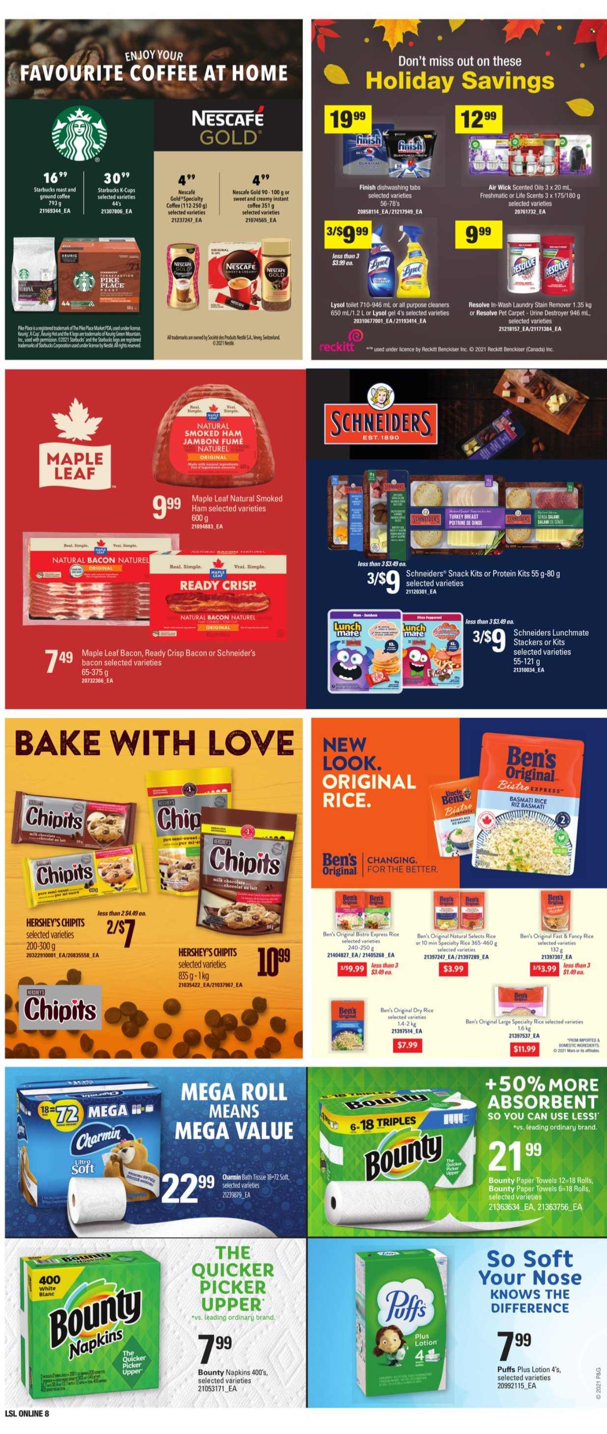 thumbnail - Loblaws Flyer - October 14, 2021 - October 20, 2021 - Sales products - puffs, bacon, salami, ham, smoked ham, Hershey's, milk chocolate, chocolate, snack, Bounty, Mars, Uncle Ben's, basmati rice, instant coffee, ground coffee, coffee capsules, Starbucks, K-Cups, Keurig, Green Mountain, turkey breast, turkey, napkins, bath tissue, kitchen towels, paper towels, Charmin, stain remover, Lysol, Nescafé. Page 13.