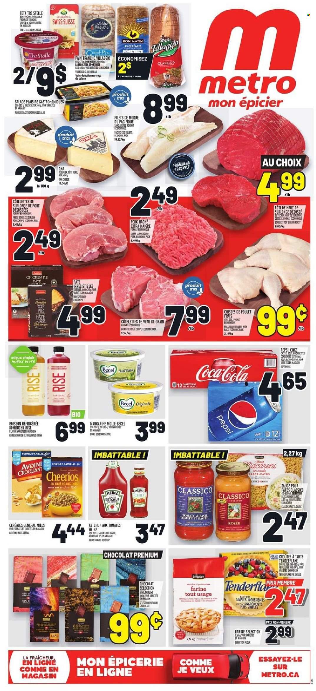 thumbnail - Metro Flyer - October 14, 2021 - October 20, 2021 - Sales products - cod, pasta, cheese, feta, margarine, flour, Heinz, cereals, Cheerios, Classico, Coca-Cola, Pepsi, soft drink, kombucha, veal cutlet, veal meat, pork chops, pork meat, ketchup. Page 1.