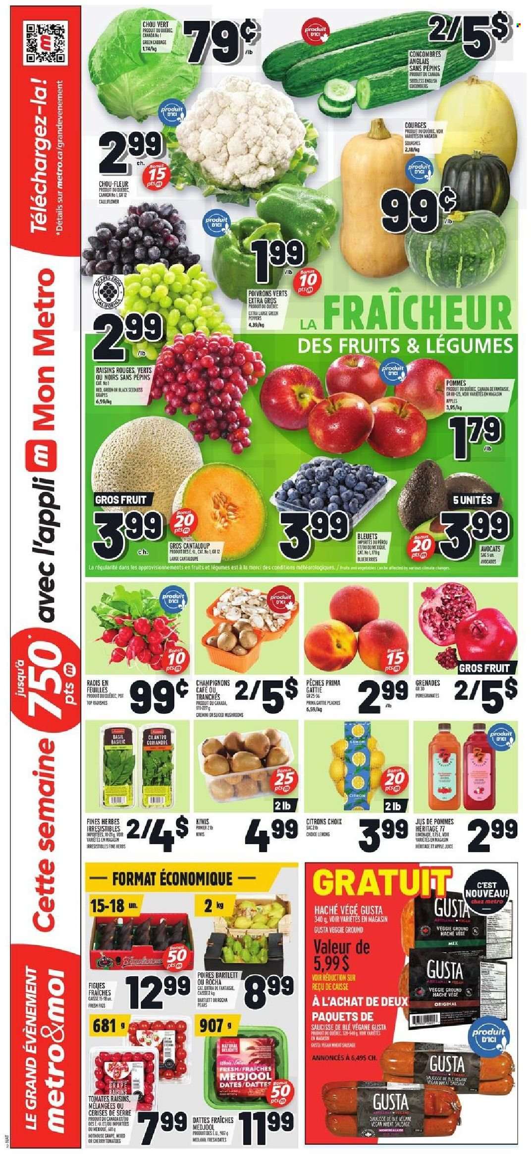 thumbnail - Metro Flyer - October 14, 2021 - October 20, 2021 - Sales products - cabbage, cauliflower, radishes, peppers, avocado, pomegranate, lemons, peaches, Merci, esponja, dried fruit, dried dates, apple juice, juice, pot, kiwi, raisins. Page 3.