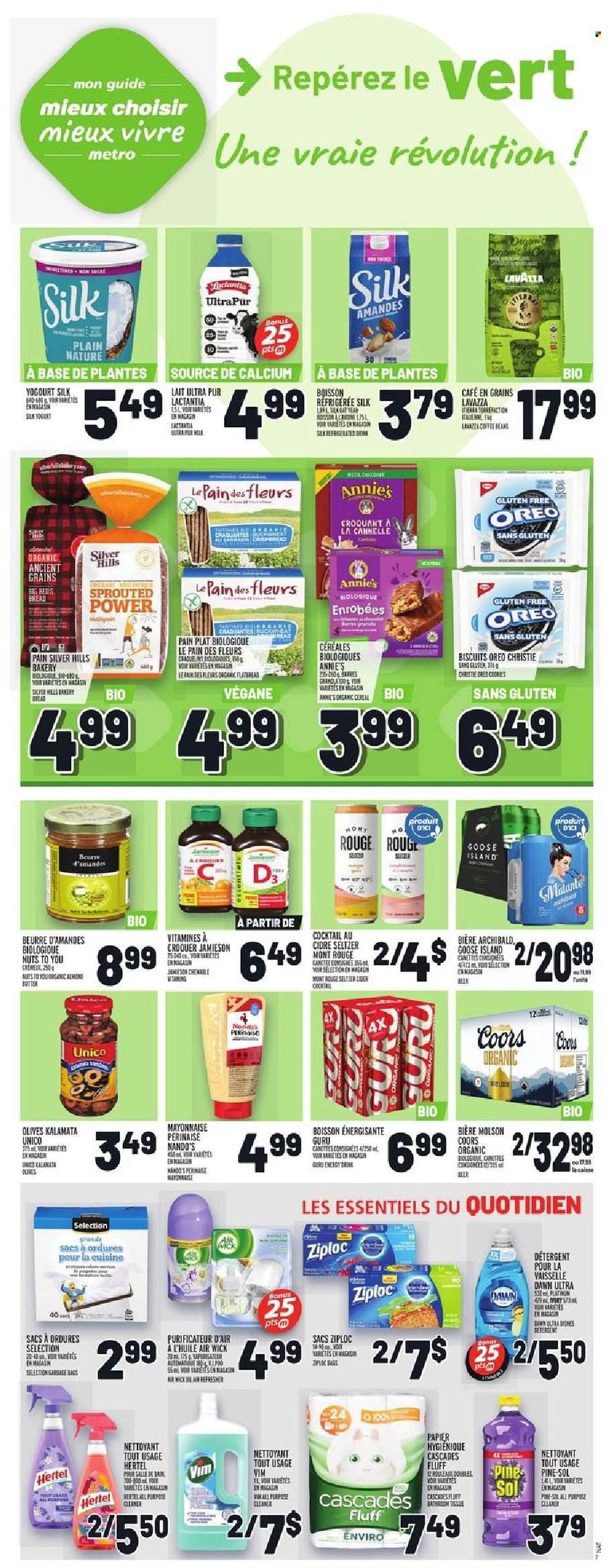 thumbnail - Metro Flyer - October 14, 2021 - October 20, 2021 - Sales products - bread, Annie's, milk, Silk, mayonnaise, cookies, biscuit, energy drink, seltzer water, coffee beans, Lavazza, Jameson, cider, beer, bath tissue, cleaner, Pine-Sol, bag, Ziploc, rags, Air Wick, Hill's, Oreo, calcium, detergent, olives, Coors. Page 8.