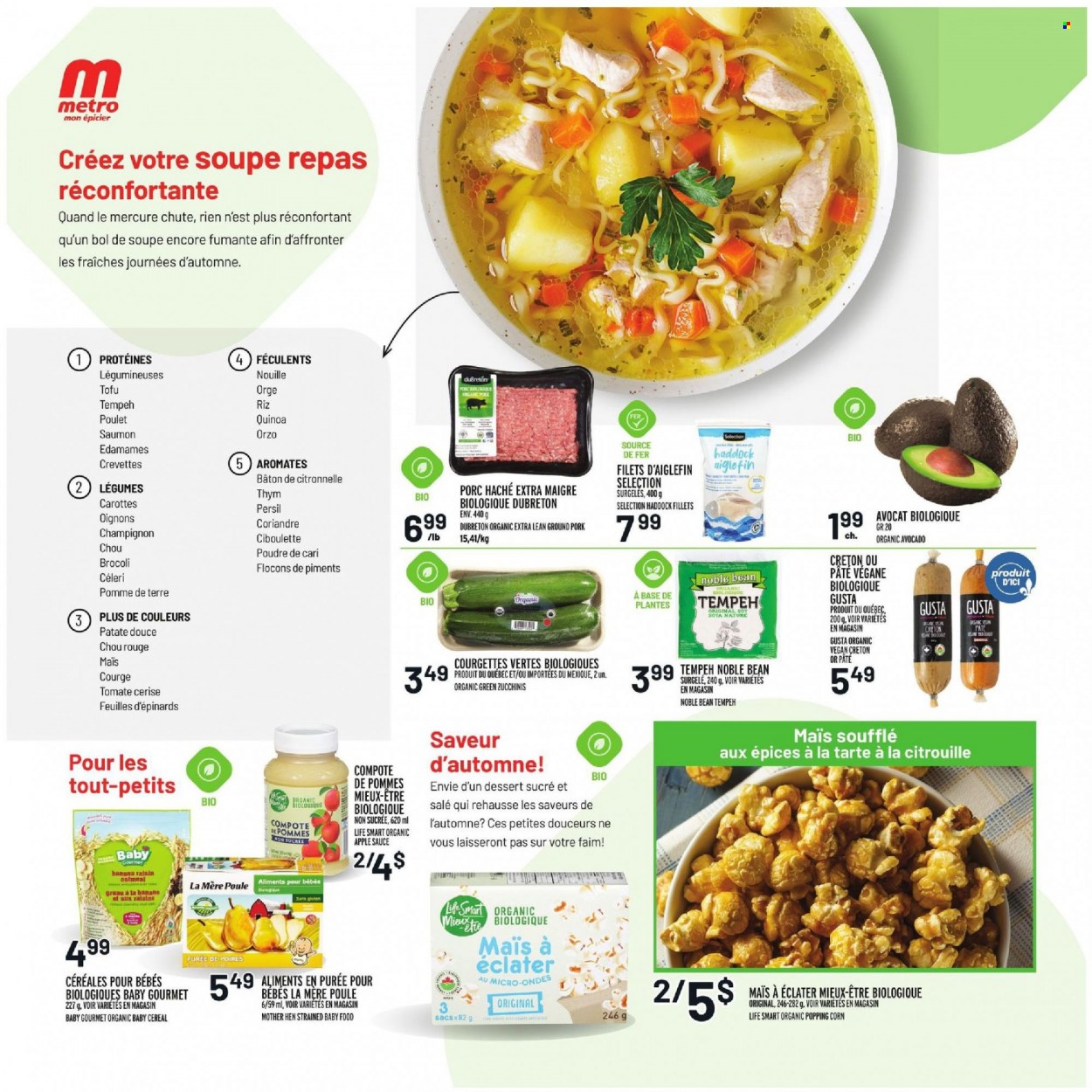 thumbnail - Metro Flyer - October 14, 2021 - October 20, 2021 - Sales products - corn, avocado, haddock, sauce, tofu, compote, cereals, apple sauce, dried fruit, ground pork, Persil, quinoa, raisins. Page 2.