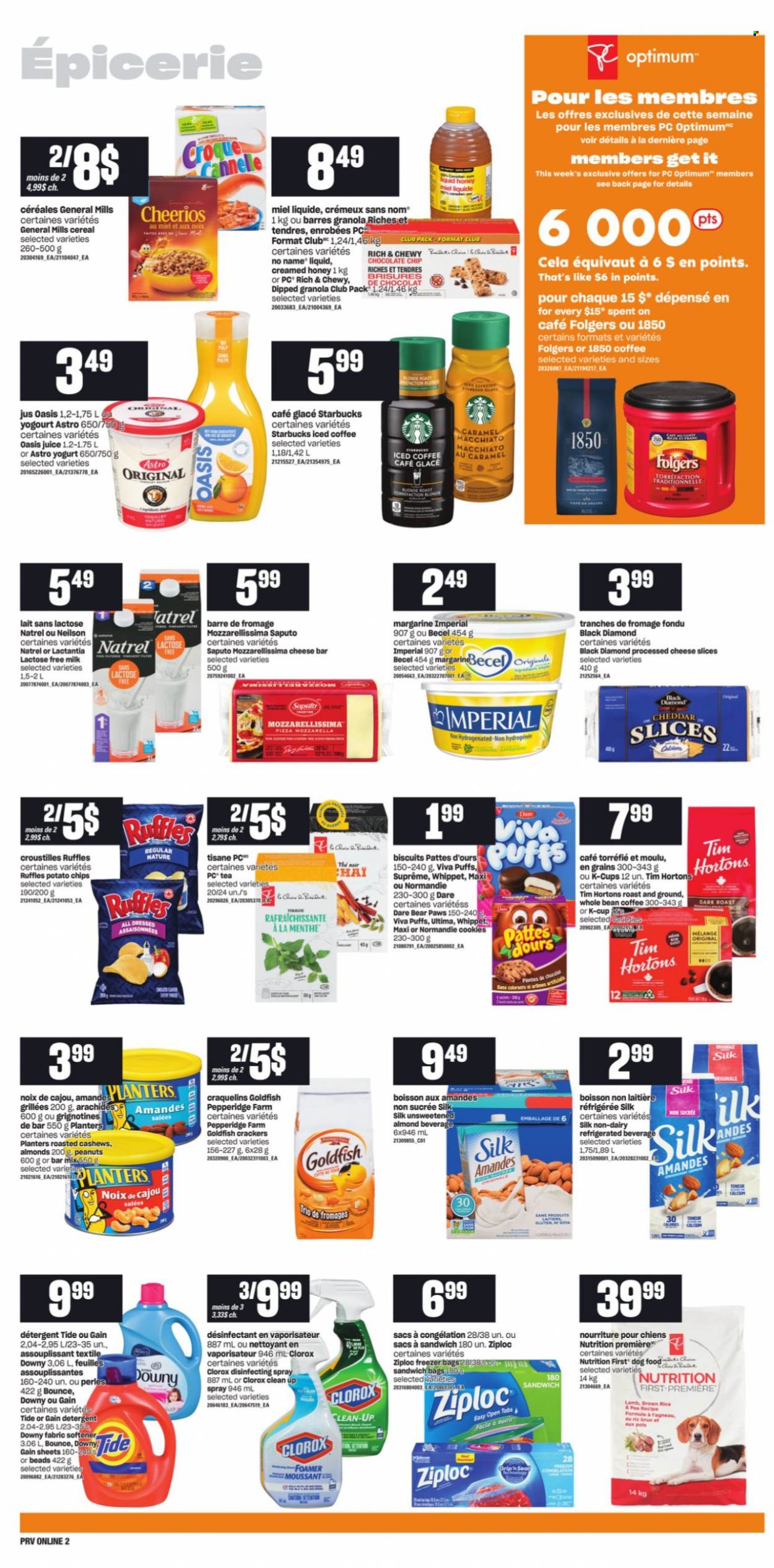 thumbnail - Provigo Flyer - October 14, 2021 - October 20, 2021 - Sales products - puffs, No Name, pizza, sliced cheese, yoghurt, milk, lactose free milk, Silk, margarine, cookies, crackers, biscuit, potato chips, Goldfish, Ruffles, cereals, Cheerios, brown rice, rice, caramel, honey, almonds, cashews, peanuts, Planters, juice, iced coffee, tea, Folgers, coffee capsules, Starbucks, K-Cups, Gain, Clorox, Tide, fabric softener, Bounce, Downy Laundry, bag, Ziploc, detergent, granola, chips. Page 6.