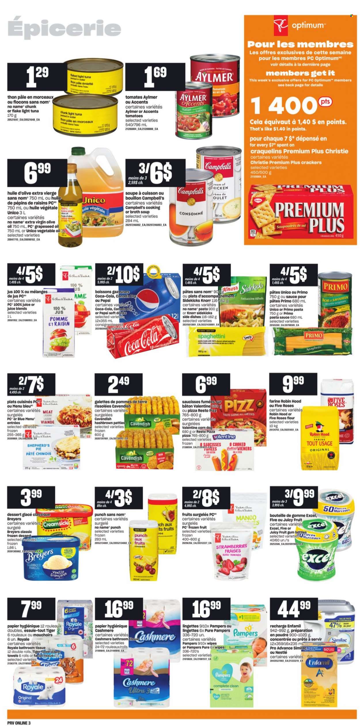 thumbnail - Provigo Flyer - October 14, 2021 - October 20, 2021 - Sales products - pie, corn, mango, strawberries, tuna, No Name, Campbell's, spaghetti, pizza, pasta sauce, soup, sauce, lasagna meal, crackers, bouillon, flour, broth, light tuna, extra virgin olive oil, vegetable oil, olive oil, oil, grape seed oil, dried fruit, Canada Dry, Coca-Cola, Pepsi, juice, soft drink, punch, Enfamil, Similac, wipes, bath tissue, kitchen towels, paper towels, XTRA, Knorr, Nestlé, raisins, Pampers. Page 7.