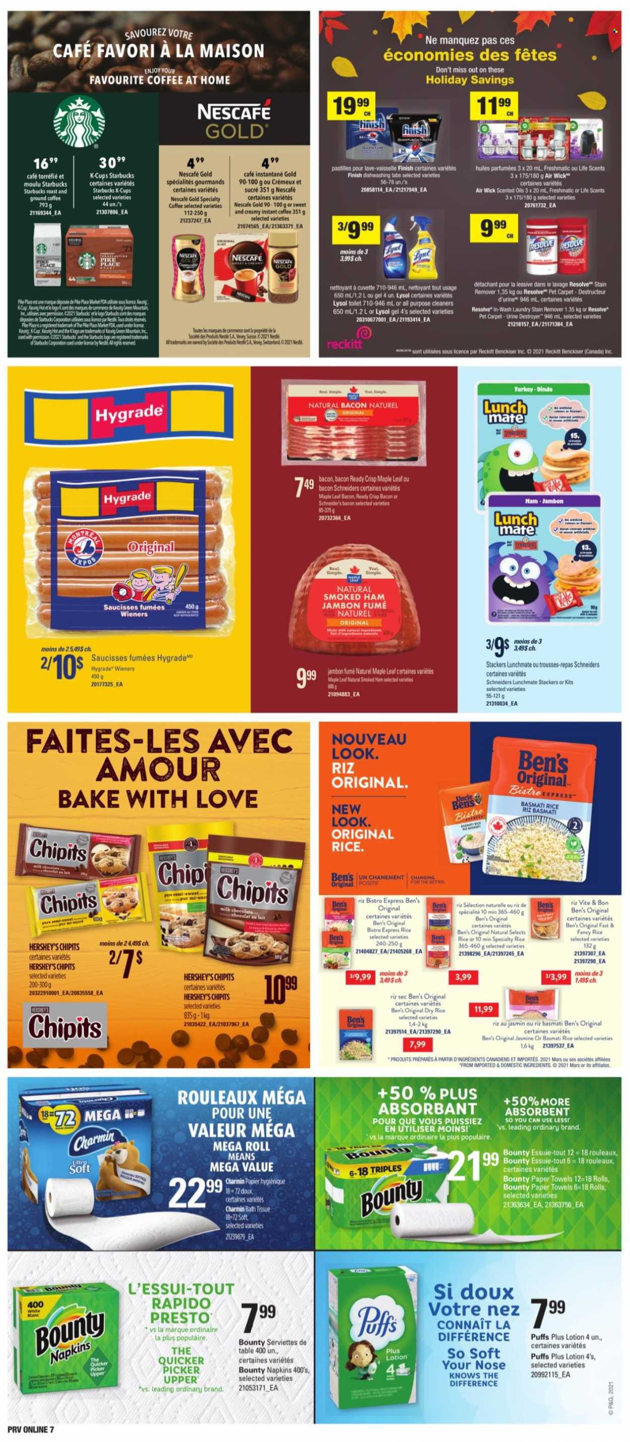 thumbnail - Provigo Flyer - October 14, 2021 - October 20, 2021 - Sales products - Ace, puffs, bacon, ham, smoked ham, milk, Hershey's, Bounty, Mars, pastilles, Uncle Ben's, basmati rice, instant coffee, ground coffee, coffee capsules, Starbucks, K-Cups, Keurig, Green Mountain, napkins, bath tissue, kitchen towels, paper towels, Charmin, stain remover, Lysol, Nestlé, Nescafé. Page 12.