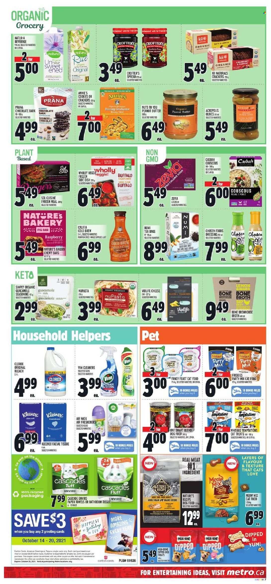 thumbnail - Metro Flyer - October 14, 2021 - October 20, 2021 - Sales products - ginger, Annie's, guacamole, milk, cookies, graham crackers, chocolate, crackers, broth, spice, dressing, peanut butter, soda, Ciro, tea bags, Sol, bath tissue, Kleenex, kitchen towels, paper towels, bleach, Clorox, Cascade, air freshener, Air Wick, animal food, cat food, dog food, Meow Mix, Fancy Feast, Friskies, couscous, olives, Whiskas. Page 9.
