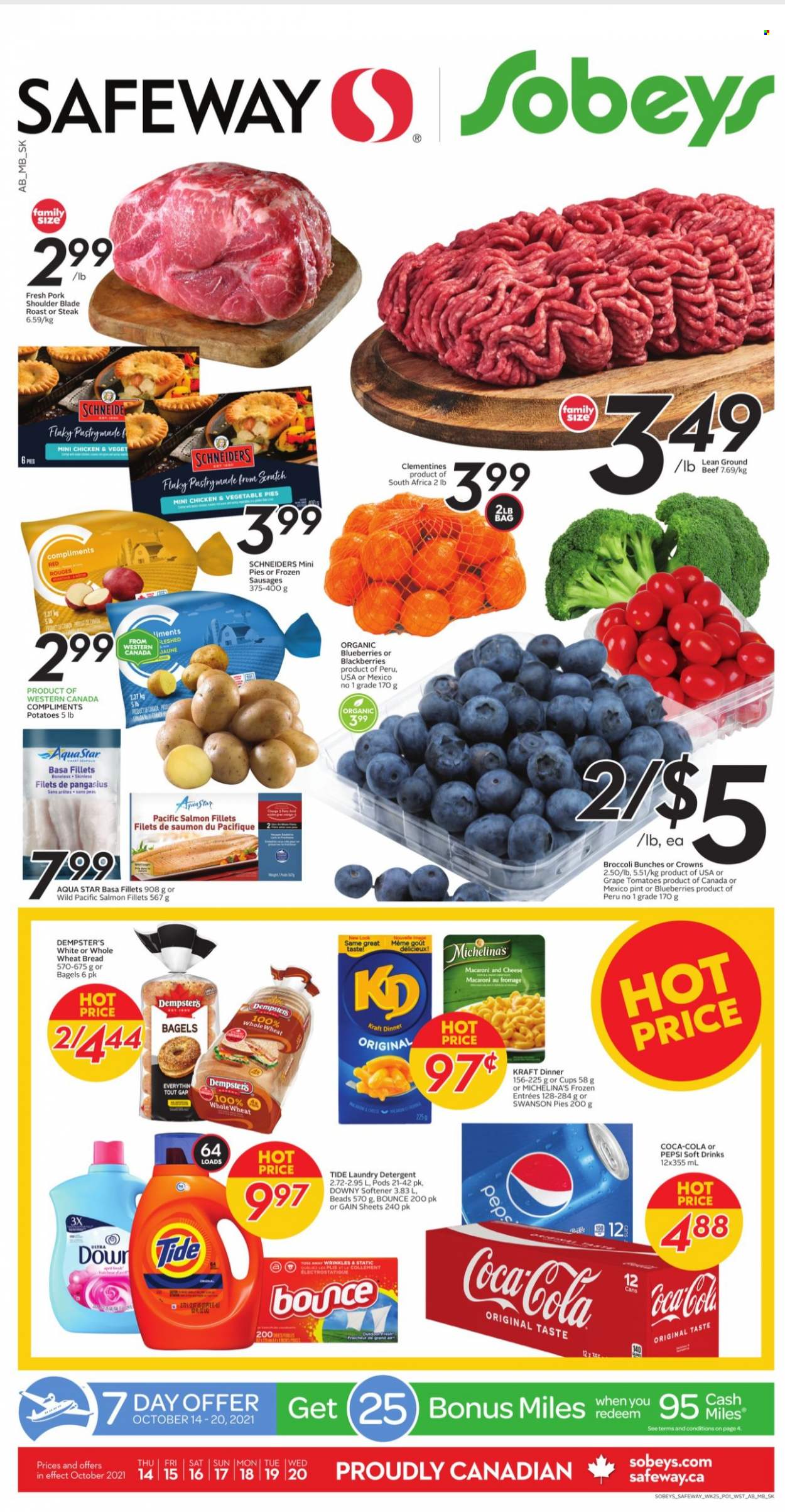 thumbnail - Safeway Flyer - October 14, 2021 - October 20, 2021 - Sales products - bagels, wheat bread, broccoli, tomatoes, potatoes, blackberries, blueberries, clementines, salmon, salmon fillet, pangasius, macaroni & cheese, Kraft®, sausage, Coca-Cola, Pepsi, soft drink, pork meat, pork shoulder, Gain, Tide, fabric softener, laundry detergent, Bounce, Downy Laundry, detergent, steak. Page 1.