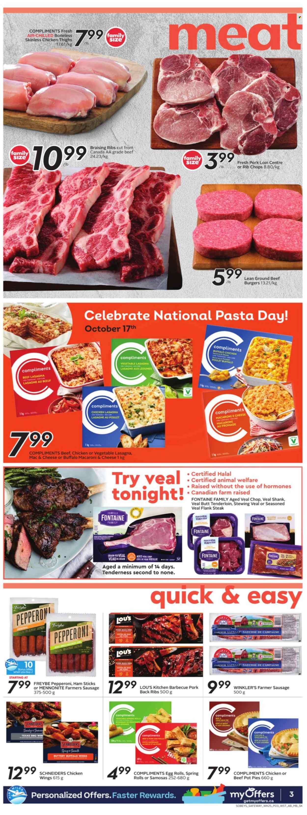 thumbnail - Safeway Flyer - October 14, 2021 - October 20, 2021 - Sales products - pot pie, hamburger, pasta, egg rolls, spring rolls, beef burger, lasagna meal, ham, sausage, pepperoni, chicken wings, chicken thighs, chicken, beef meat, ground beef, veal cutlet, veal meat, veal shank, flank steak, pork loin, pork meat, rib chops, steak. Page 4.