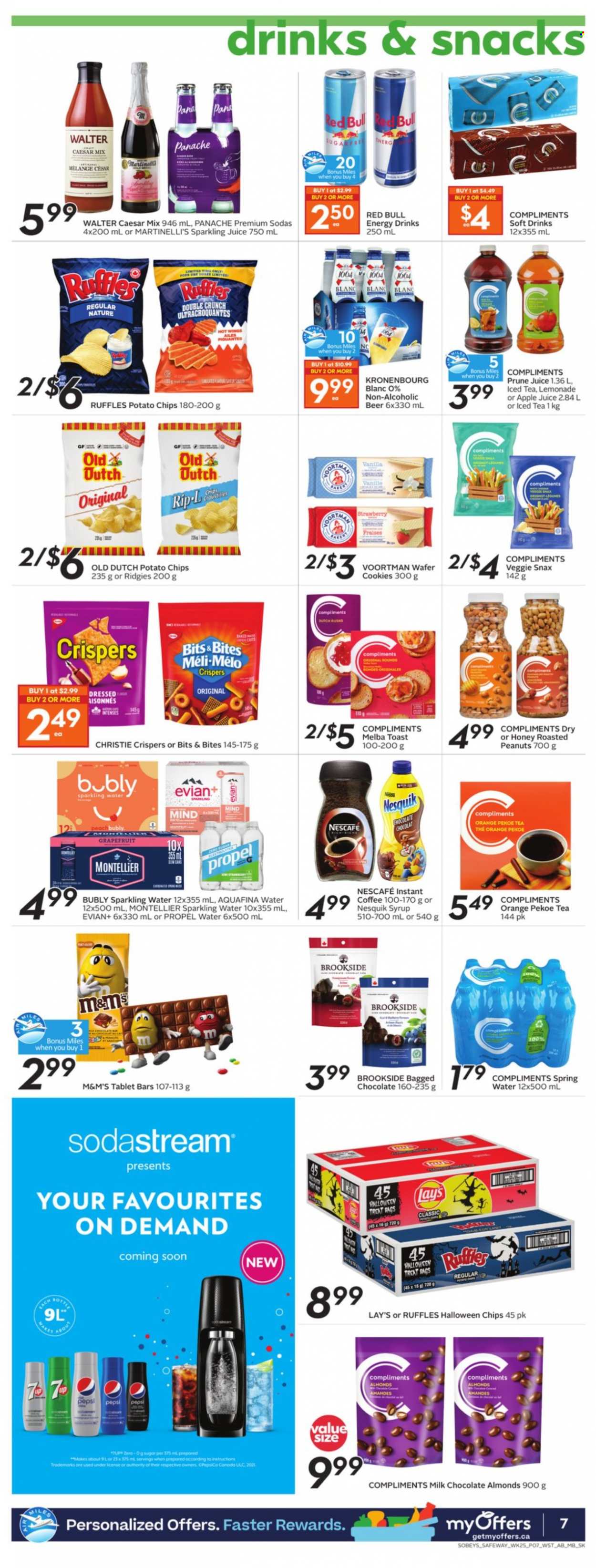 thumbnail - Safeway Flyer - October 14, 2021 - October 20, 2021 - Sales products - rusks, grapefruits, cookies, milk chocolate, wafers, chocolate, potato chips, Lay’s, Ruffles, syrup, roasted peanuts, peanuts, apple juice, lemonade, Pepsi, juice, energy drink, ice tea, soft drink, Red Bull, sparkling juice, Aquafina, Evian, instant coffee, beer, Nesquik, chips, Nescafé, oranges, M&M's. Page 9.