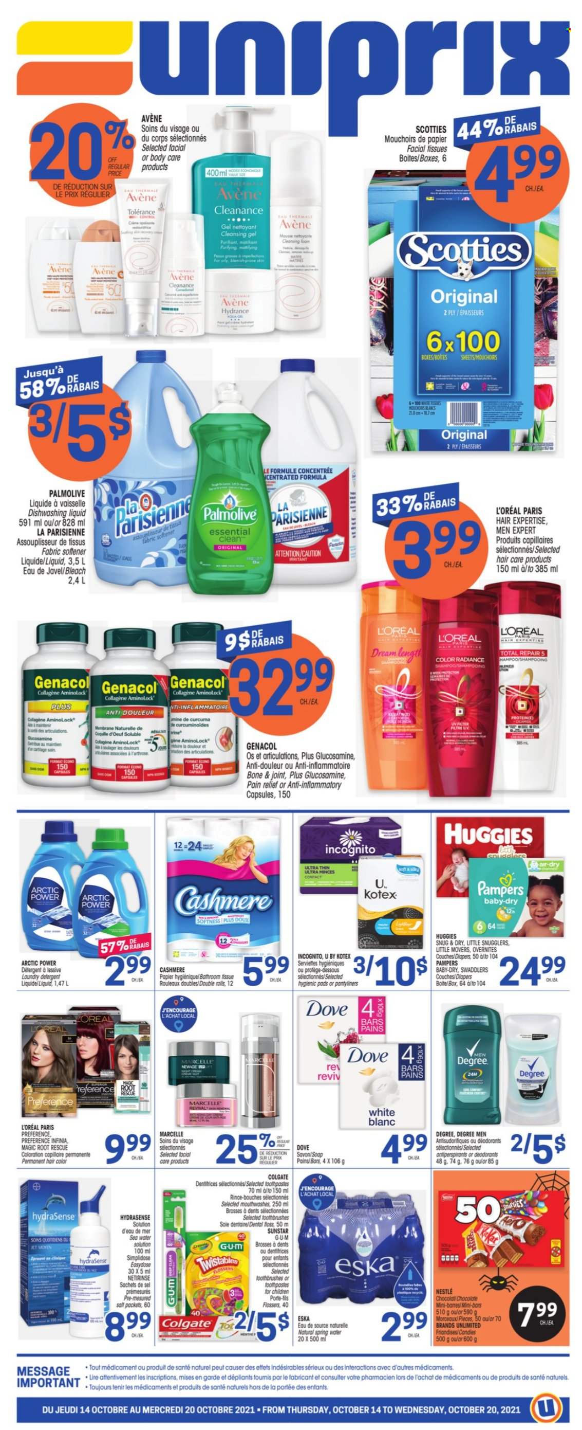 thumbnail - Uniprix Flyer - October 14, 2021 - October 20, 2021 - Sales products - chocolate, salt, spring water, nappies, tissues, bleach, fabric softener, dishwashing liquid, Palmolive, soap, Kotex, pantyliners, facial tissues, L’Oréal, hair color, pain relief, Nestlé, detergent, Dove, Colgate, Huggies, Pampers, deodorant. Page 1.