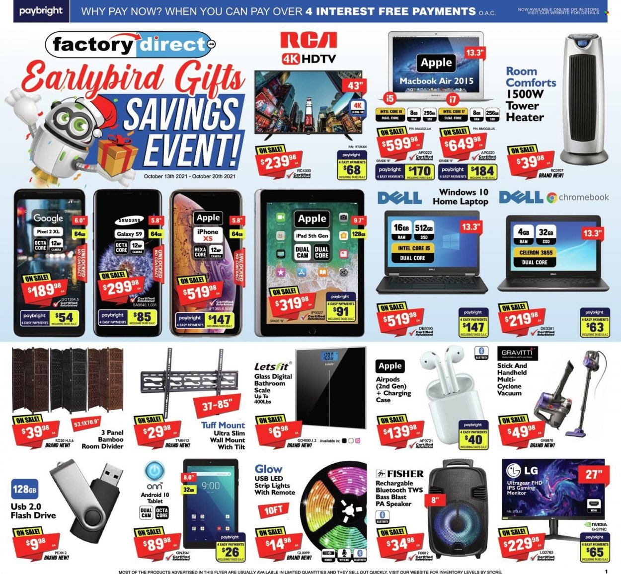 thumbnail - Factory Direct Flyer - October 13, 2021 - October 20, 2021 - Sales products - Intel, Apple, tablet, iPad, scale, personal scale, pin, Samsung, iPhone, laptop, chromebook, MacBook, MacBook Air, flash drive, RCA, UHD TV, ultra hd, HDTV, speaker, Airpods, camera, Dell, LG, monitor, iPhone XS. Page 1.