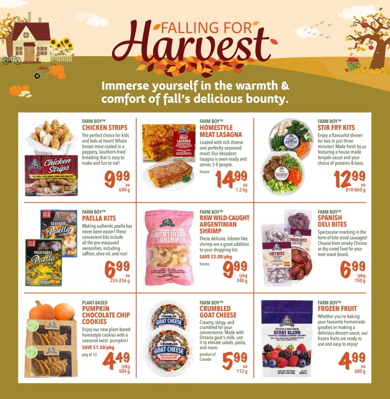 thumbnail - Farm Boy Flyer - October 14, 2021 - October 20, 2021 - Sales products - lobster, shrimps, pasta, lasagna meal, sausage, goat cheese, cheese, milk, strips, chicken strips, paella, cookies, snack, Bounty, rice, teriyaki sauce, olive oil, chorizo. Page 7.