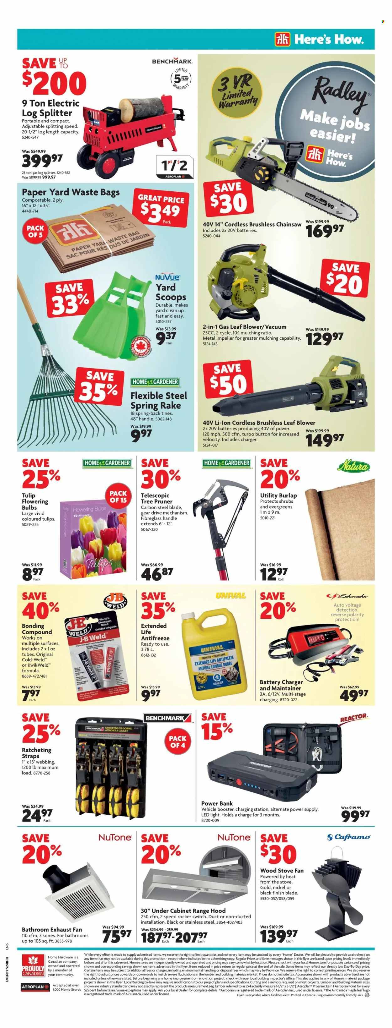 thumbnail - Home Hardware Flyer - October 14, 2021 - October 20, 2021 - Sales products - stove, battery charger, cabinet, LED light, switch, chain saw, leaf blower, log splitter, tree pruner, blower, tulip. Page 8.