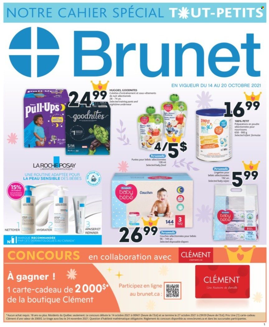 thumbnail - Brunet Flyer - October 14, 2021 - October 20, 2021 - Sales products - wipes, pants, baby wipes, nappies, baby pants, Huggies. Page 1.