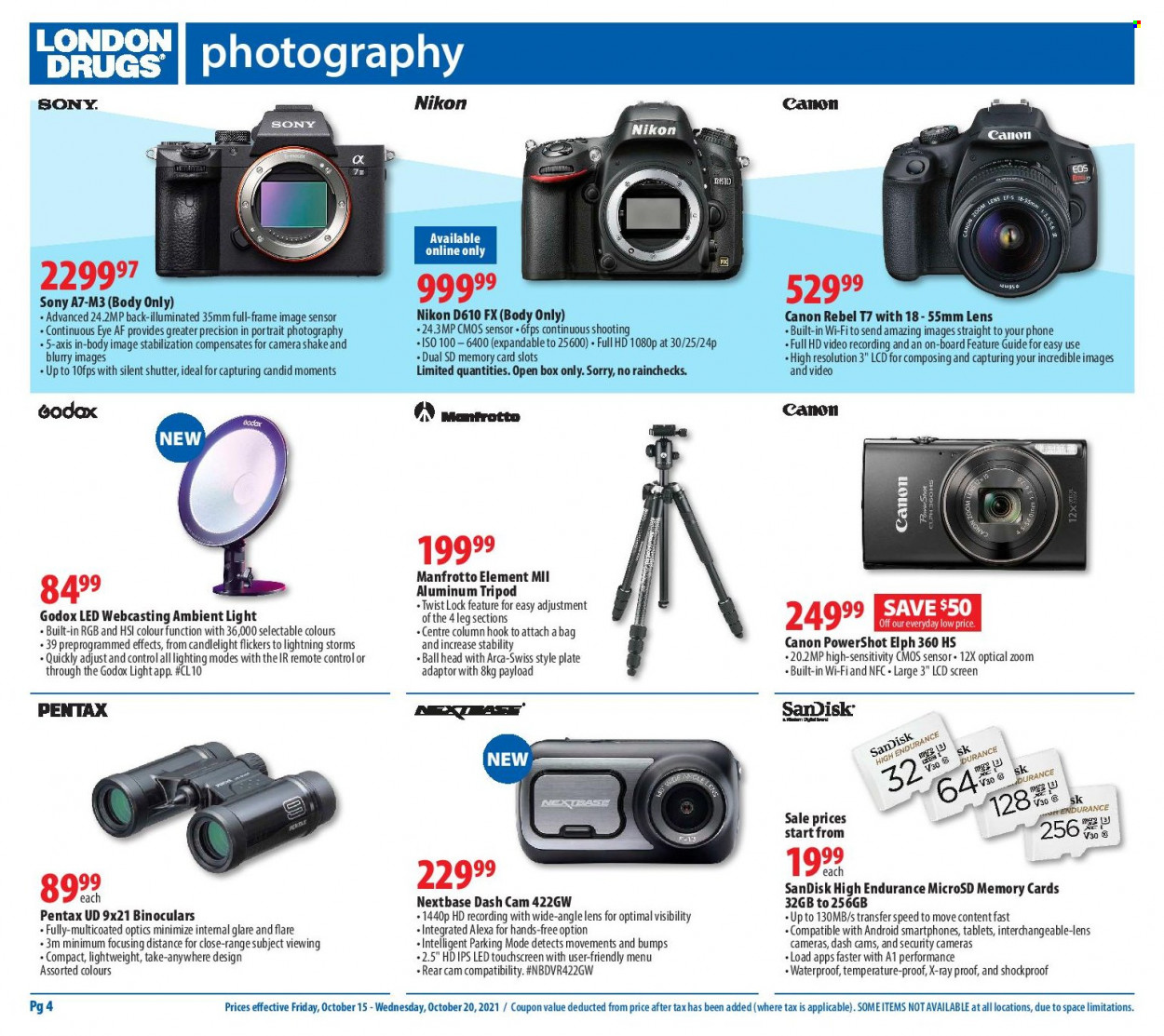 thumbnail - London Drugs Flyer - October 15, 2021 - October 20, 2021 - Sales products - Sandisk, Sony, plate, memory card, lens, PowerShot, Nikon, Nextbase, dashboard camera, tripod, remote control, camera, Canon. Page 4.