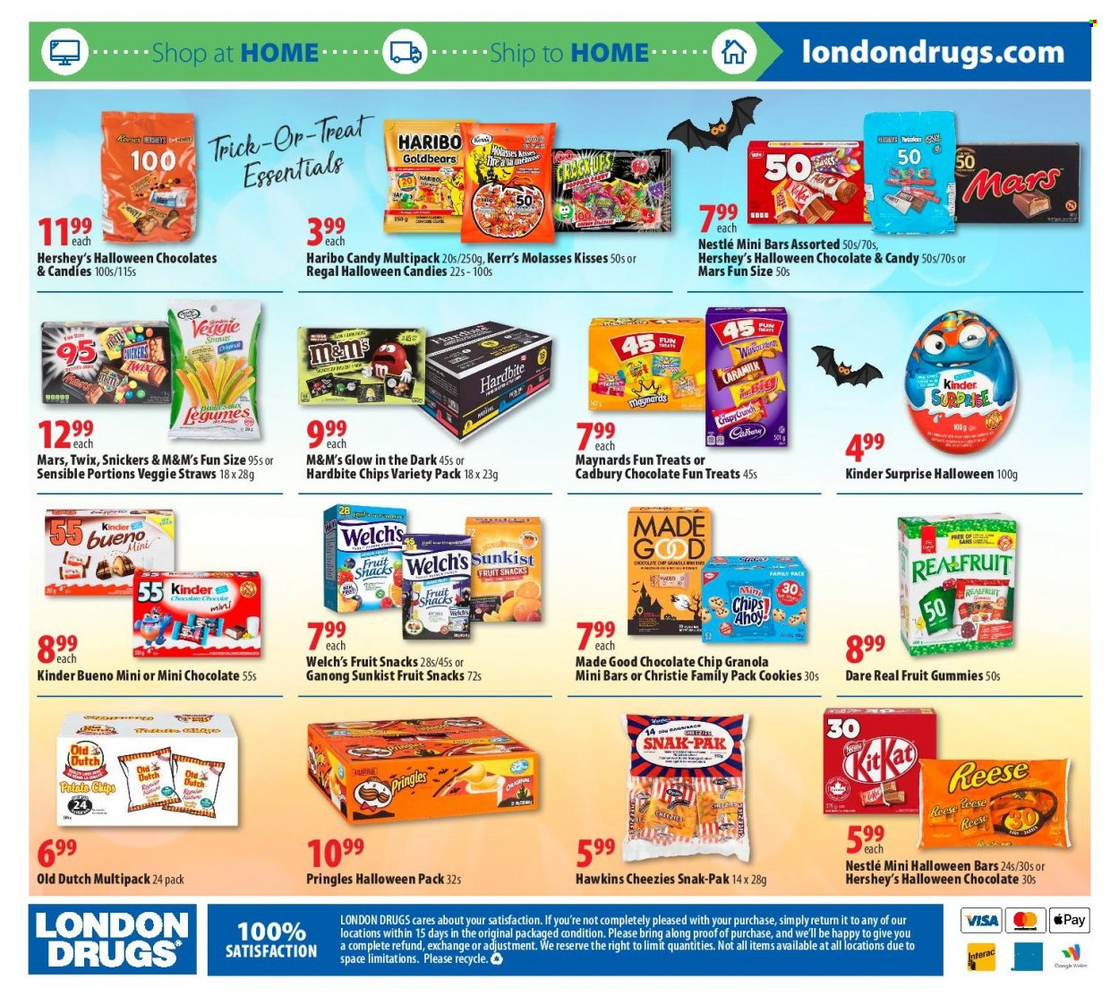 thumbnail - London Drugs Flyer - October 15, 2021 - October 20, 2021 - Sales products - cookies, Haribo, Snickers, Twix, Kinder Surprise, Mars, Hershey's, Kinder Bueno, Cadbury, Welch's, fruit snack, Pringles, veggie straws, molasses, Halloween, Nestlé, granola, chips, M&M's. Page 12.