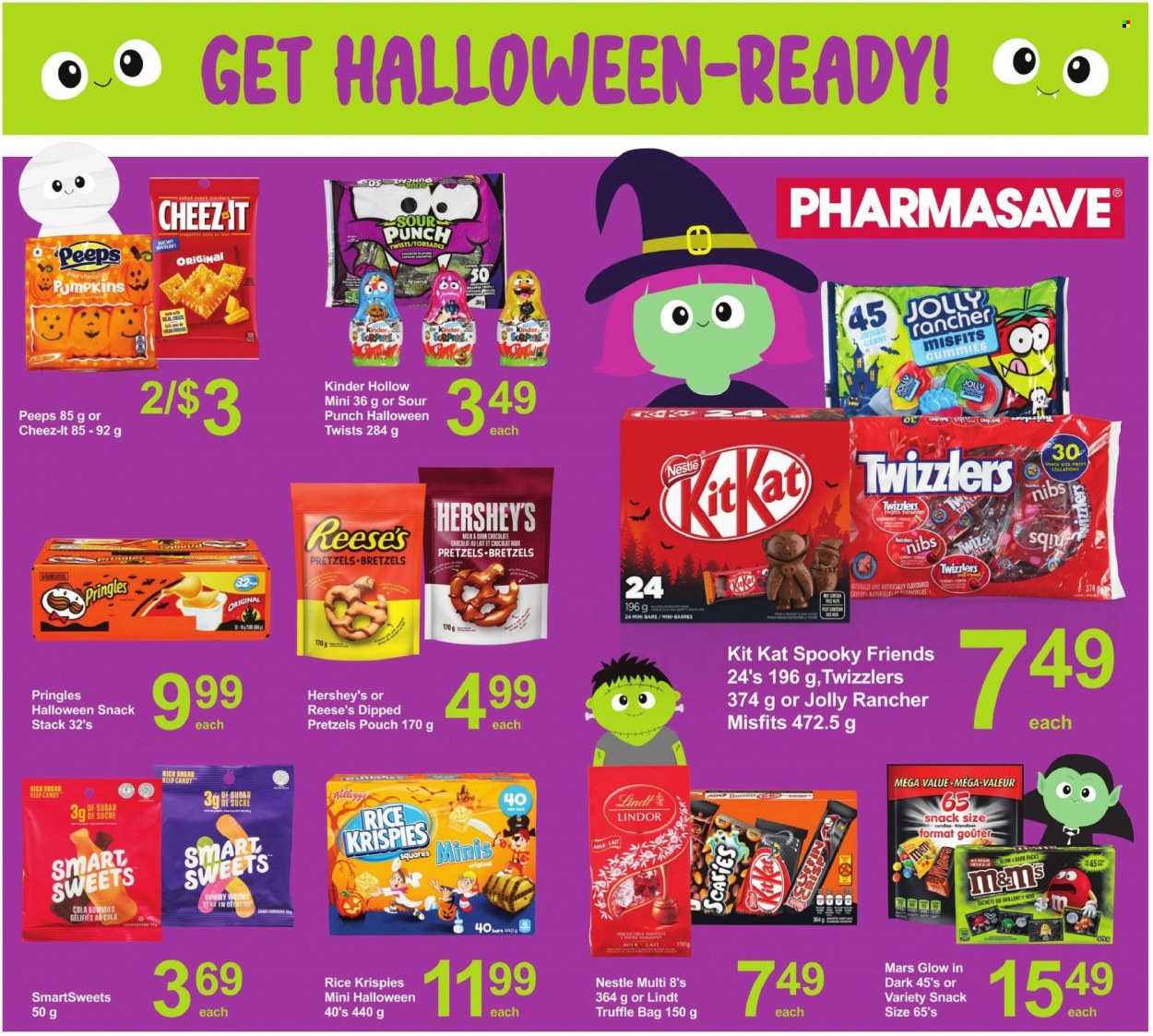 thumbnail - Pharmasave Flyer - October 15, 2021 - October 21, 2021 - Sales products - pretzels, milk, Reese's, Hershey's, chocolate, snack, Mars, truffles, KitKat, crackers, dark chocolate, Peeps, Pringles, Cheez-It, sugar, Rice Krispies, Halloween, Nestlé, Lindt, Lindor. Page 5.