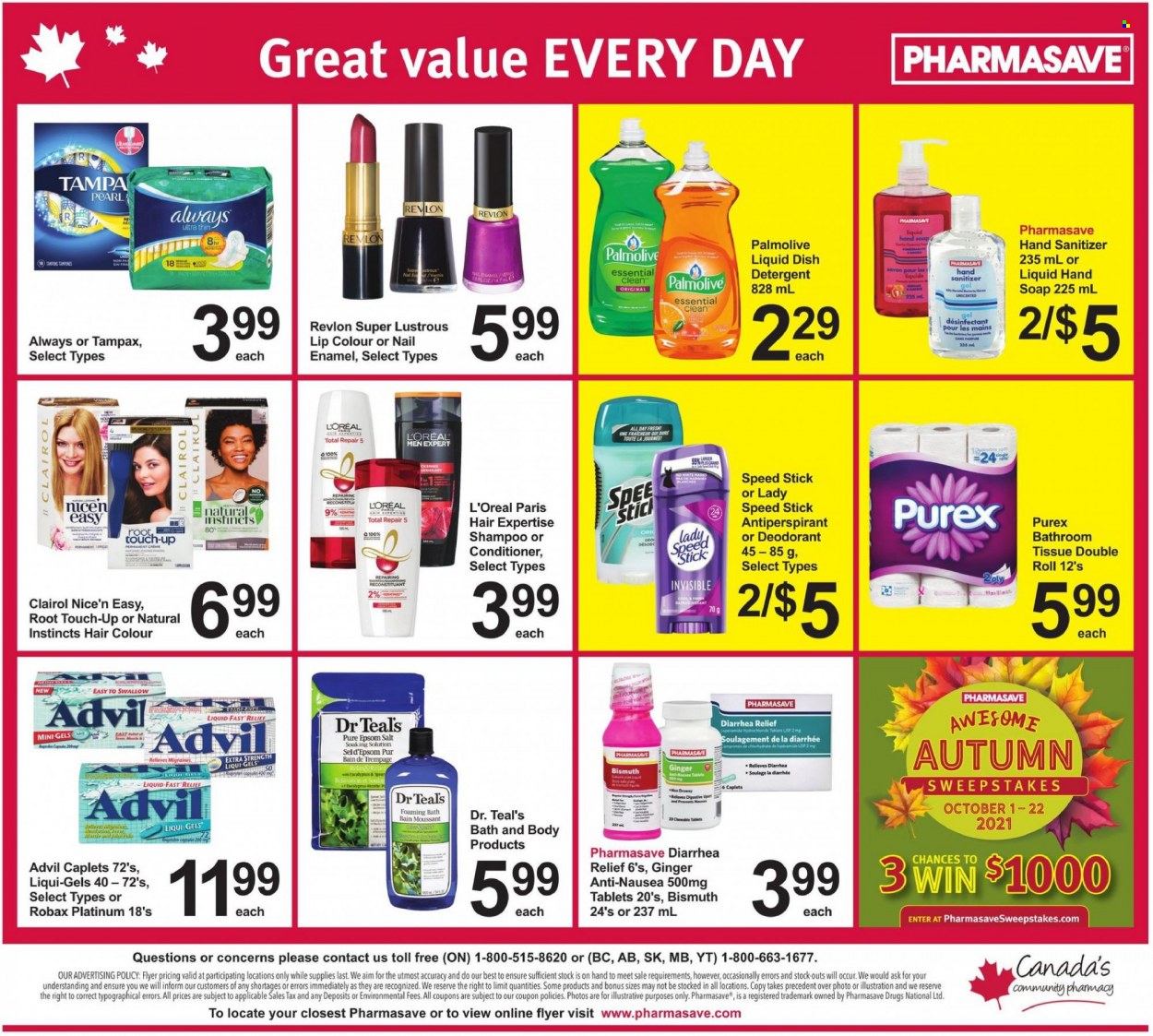thumbnail - Pharmasave Flyer - October 15, 2021 - October 21, 2021 - Sales products - soup, tissues, Purex, hand soap, Palmolive, soap, L’Oréal, L’Oréal Men, Root Touch-Up, Clairol, conditioner, Revlon, hair color, anti-perspirant, Speed Stick, hand sanitizer, nail enamel, Advil Rapid, detergent, shampoo, Tampax, deodorant. Page 12.