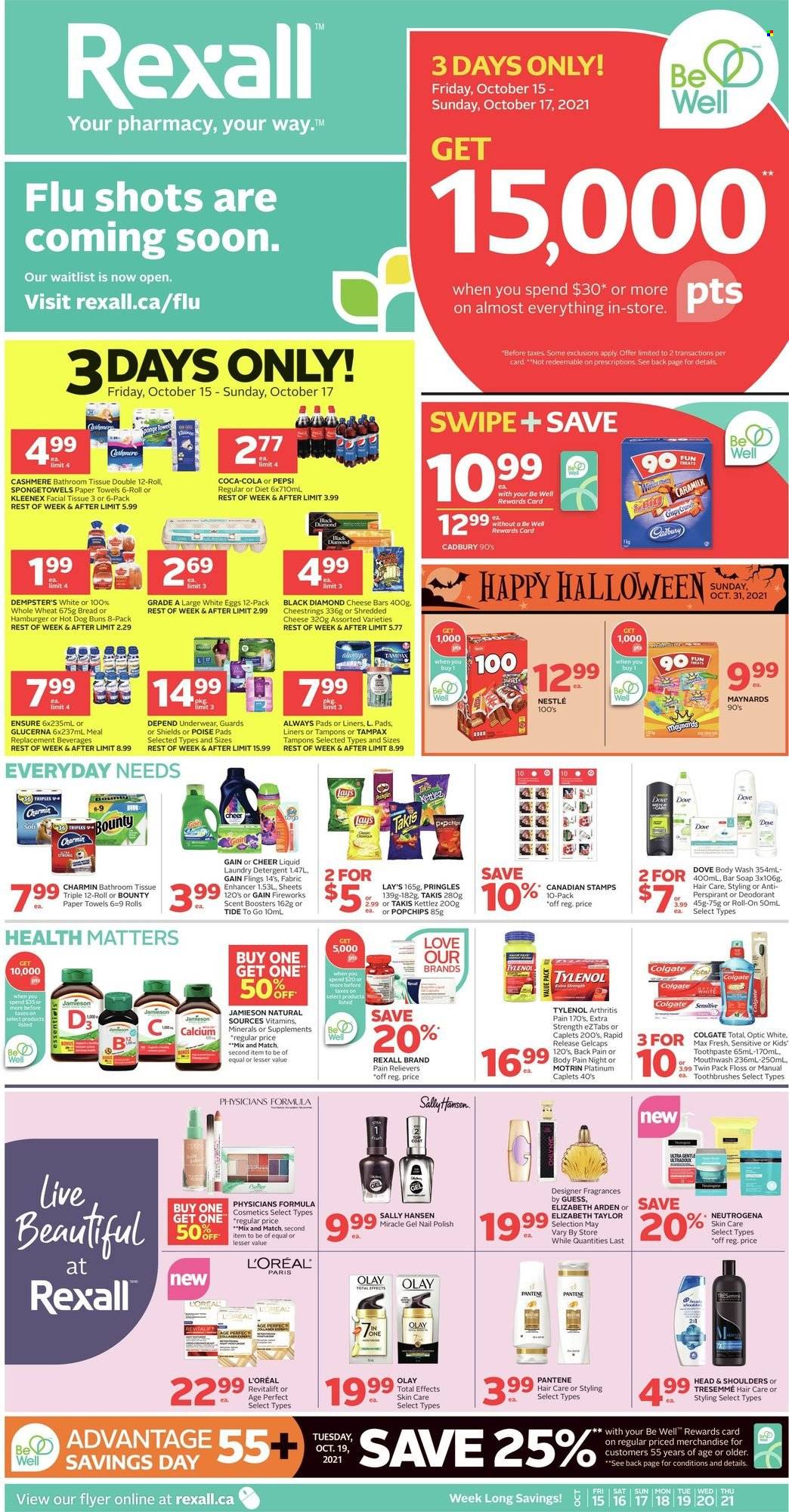 thumbnail - Rexall Flyer - October 15, 2021 - October 21, 2021 - Sales products - Bounty, Cadbury, Pringles, Lay’s, Coca-Cola, Pepsi, bath tissue, Kleenex, kitchen towels, paper towels, Charmin, Gain, Tide, laundry detergent, scent booster, Gain Fireworks, body wash, soap bar, soap, toothpaste, mouthwash, Always pads, sanitary pads, tampons, L’Oréal, Olay, TRESemmé, anti-perspirant, roll-on, Guess, polish, Tylenol, Glucerna, Motrin, Nestlé, calcium, detergent, Dove, Elizabeth Arden, Colgate, Neutrogena, Sally Hansen, Tampax, Head & Shoulders, Pantene, deodorant. Page 1.