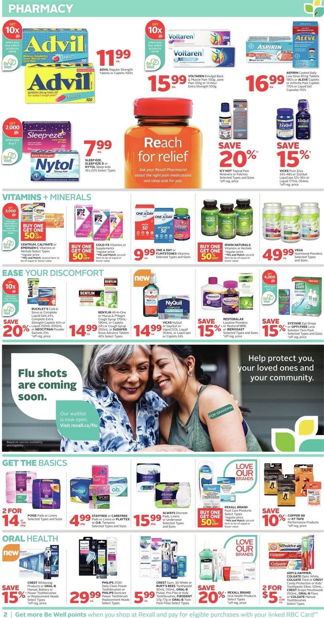 thumbnail - Rexall Flyer - October 15, 2021 - October 21, 2021 - Sales products - ARM & HAMMER, syrup, toothbrush, toothpaste, mouthwash, Fixodent, Crest, Stayfree, Playtex, sanitary pads, Always Discreet, Carefree, tampons, Vicks, foot care, Aleve, DayQuil, ZzzQuil, Ibuprofen, NyQuil, eye drops, Advil Rapid, Emergen-C, laxative, Low Dose, aspirin, Centrum, Benylin, Colgate, Systane, Oral-B. Page 2.