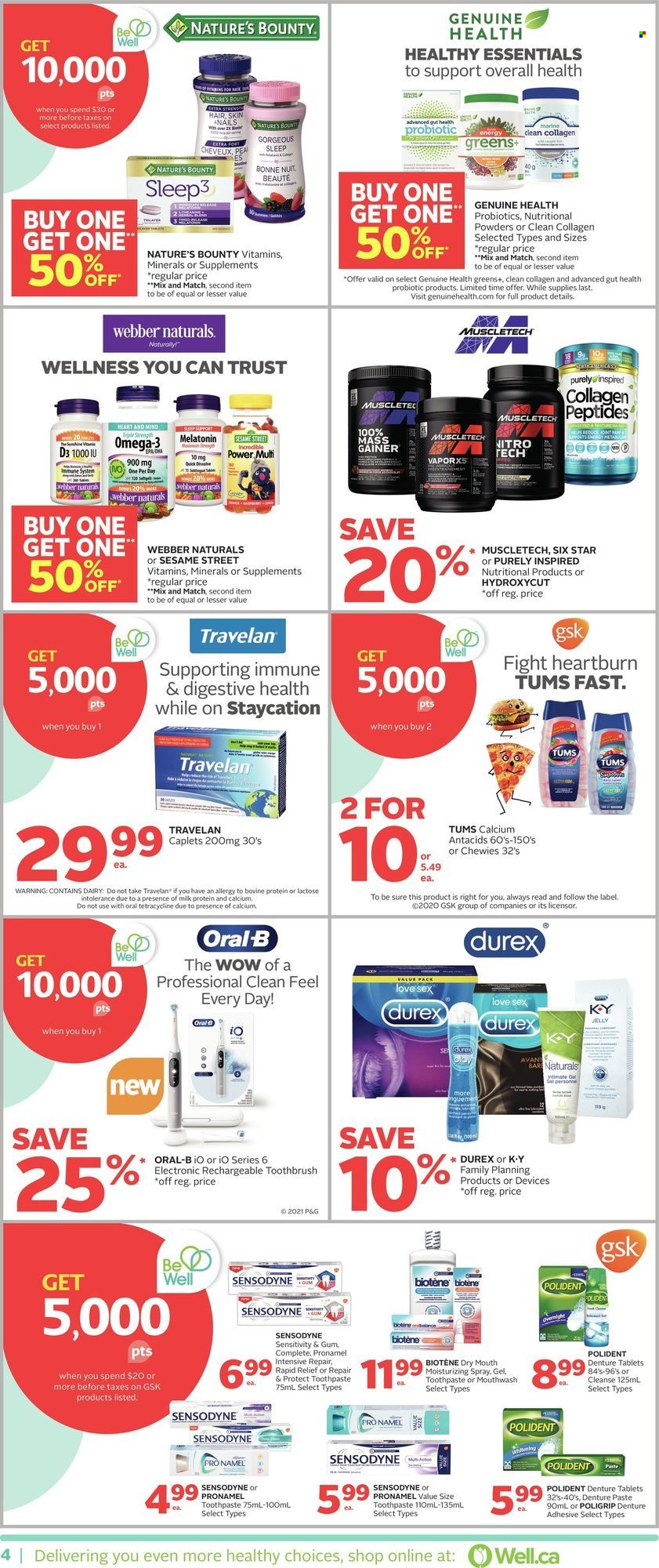 thumbnail - Rexall Flyer - October 15, 2021 - October 21, 2021 - Sales products - Sesame Street, Biotene, toothbrush, toothpaste, mouthwash, Polident, Olay, Sure, Nature's Bounty, probiotics, Omega-3, vitamin D3, Oral-B, Sensodyne. Page 4.