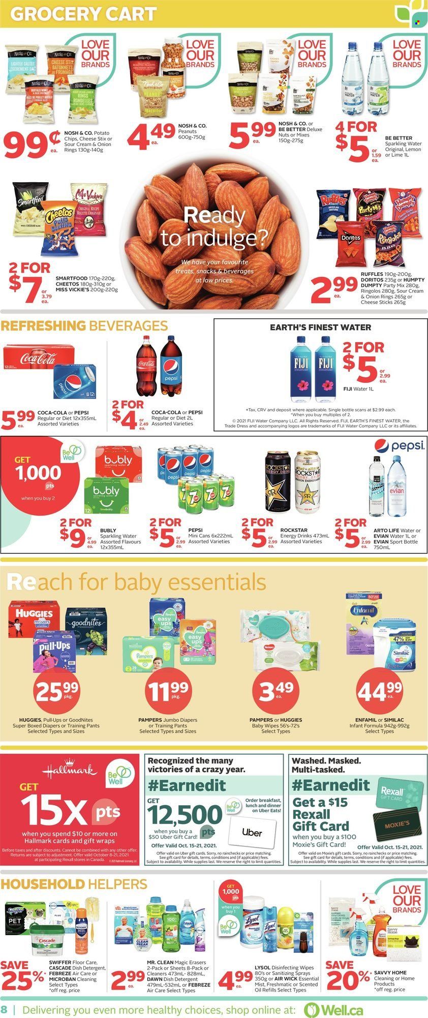 thumbnail - Rexall Flyer - October 15, 2021 - October 21, 2021 - Sales products - snack, Doritos, potato chips, Cheetos, onion rings, Smartfood, Ruffles, oil, peanuts, Coca-Cola, Pepsi, energy drink, Rockstar, sparkling water, Evian, Enfamil, Similac, wipes, pants, baby wipes, nappies, baby pants, Febreze, Lysol, Swiffer, Cascade, travel bottle, Air Wick, scented oil, detergent, Huggies, Pampers, chips. Page 9.