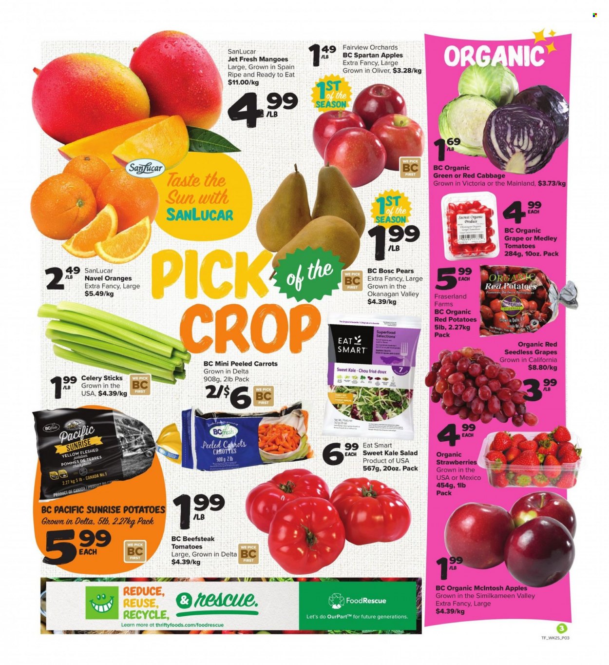 thumbnail - Thrifty Foods Flyer - October 14, 2021 - October 20, 2021 - Sales products - cabbage, carrots, tomatoes, kale, potatoes, salad, red potatoes, apples, mango, seedless grapes, strawberries, oranges, navel oranges, celery sticks, Jet, pears. Page 3.