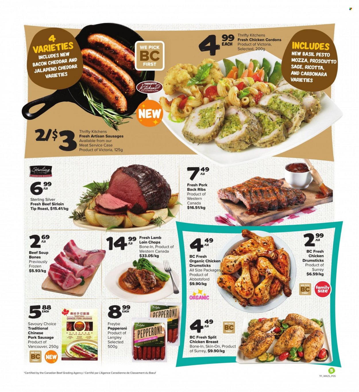 thumbnail - Thrifty Foods Flyer - October 14, 2021 - October 20, 2021 - Sales products - jalapeño, soup, roast, bacon, prosciutto, chicken breasts, sausage, pork sausage, pepperoni, ricotta, cheddar, herbs, pesto, basil pesto, chicken drumsticks, chicken, beef meat, beef sirloin, ribs, pork meat, pork ribs, pork back ribs. Page 5.