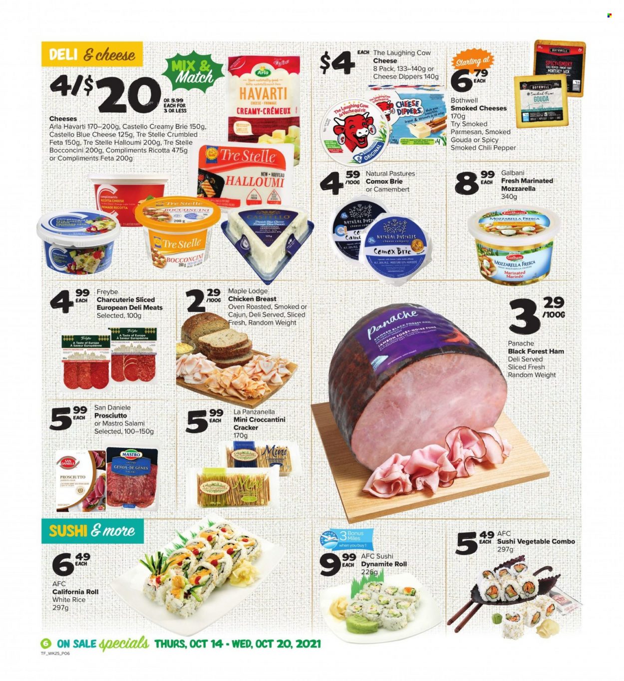 thumbnail - Thrifty Foods Flyer - October 14, 2021 - October 20, 2021 - Sales products - salami, ham, prosciutto, blue cheese, bocconcini, gouda, Monterey Jack cheese, halloumi, Havarti, parmesan, brie, The Laughing Cow, feta, Galbani, Arla, crackers, rice, white rice, pepper, fruit jam, chicken breasts, chicken, camembert, mozzarella, ricotta. Page 6.