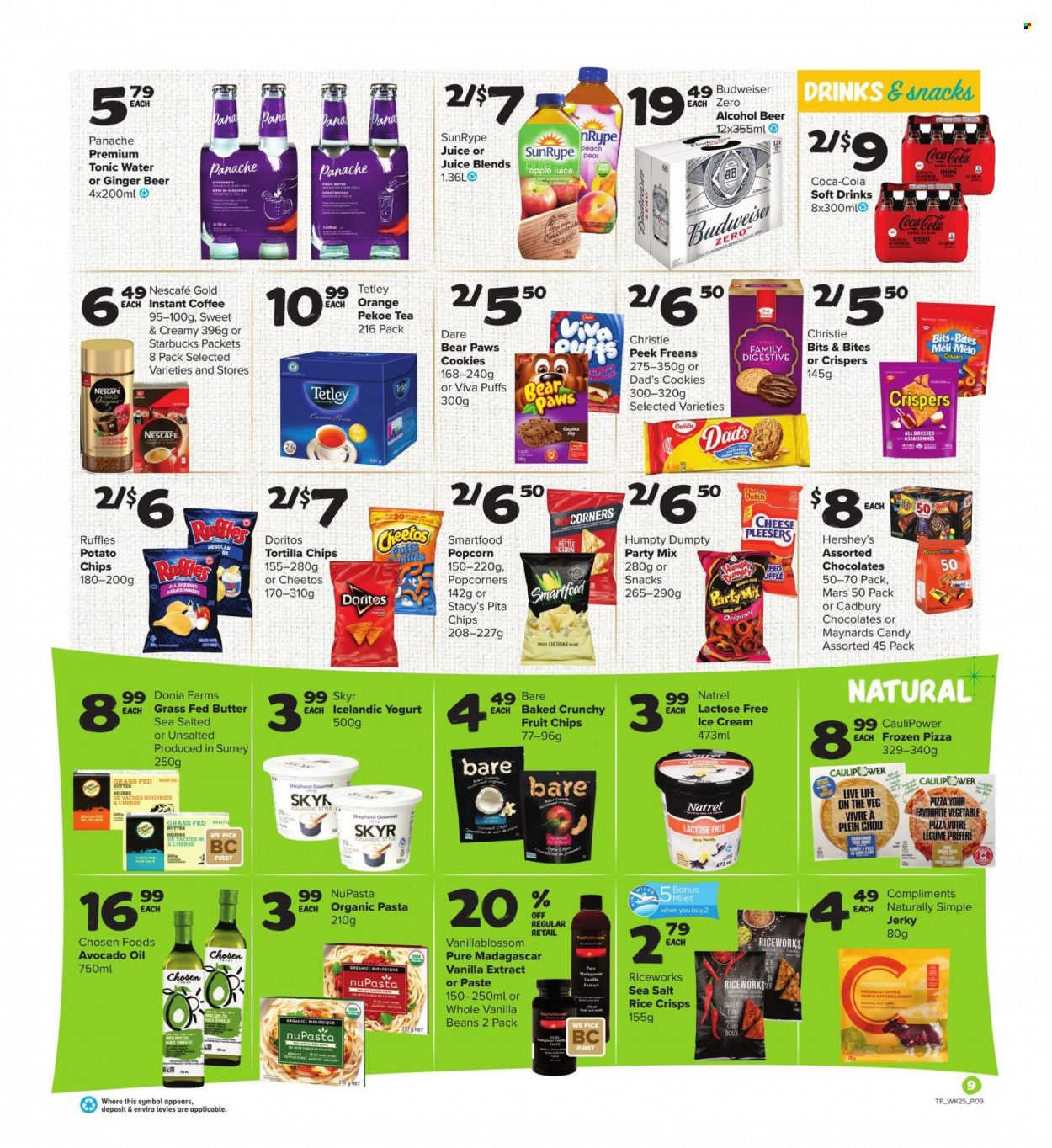 thumbnail - Thrifty Foods Flyer - October 14, 2021 - October 20, 2021 - Sales products - puffs, corn, pears, pizza, pasta, jerky, yoghurt, butter, ice cream, Hershey's, cookies, Mars, Cadbury, Digestive, Doritos, tortilla chips, Cheetos, Smartfood, popcorn, Ruffles, rice crisps, pita chips, vanilla extract, rice, avocado oil, oil, apple juice, Coca-Cola, juice, tonic, soft drink, soda, tea, instant coffee, Starbucks, alcohol, beer, Budweiser, Nescafé, oranges, ginger beer. Page 9.
