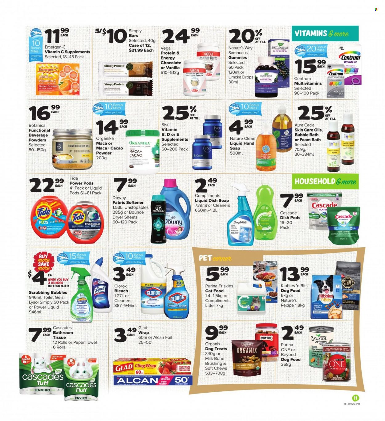 thumbnail - Thrifty Foods Flyer - October 14, 2021 - October 20, 2021 - Sales products - sweet potato, milk, cookies, chocolate, chewing gum, dark chocolate, sugar, brown rice, rice, turmeric, peanut butter, syrup, tissues, paper towels, Scrubbing Bubbles, cleaner, bleach, Lysol, Clorox, Tide, Unstopables, fabric softener, Bounce, Cascade, dryer sheets, Downy Laundry, bubble bath, hand soap, bath foam, soap, multivitamin, vitamin c, Emergen-C, Centrum, oranges. Page 11.