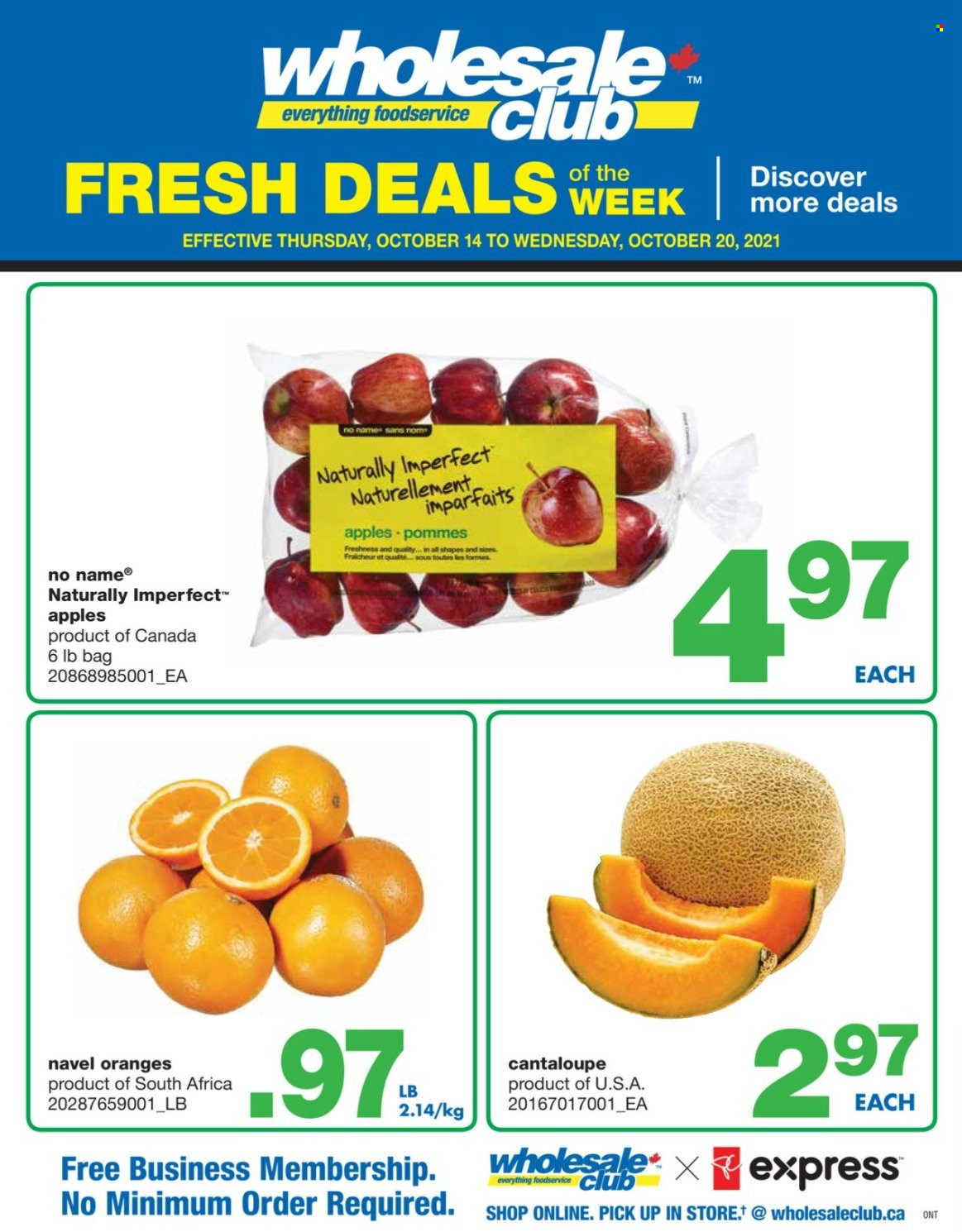thumbnail - Wholesale Club Flyer - October 14, 2021 - October 20, 2021 - Sales products - cantaloupe, apples, navel oranges, No Name, oranges. Page 1.