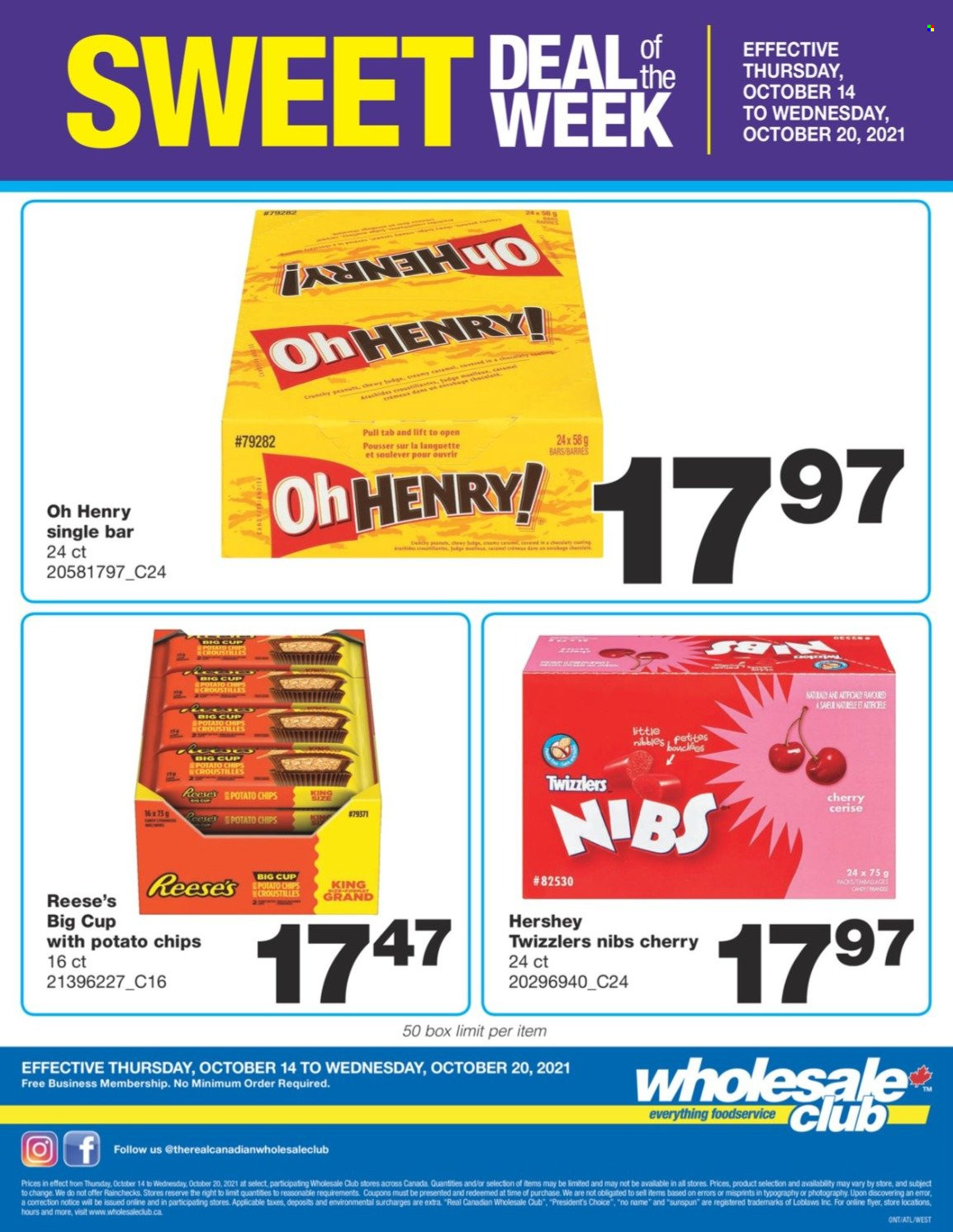 thumbnail - Wholesale Club Flyer - October 14, 2021 - October 20, 2021 - Sales products - cherries, No Name, Président, Reese's, potato chips, cup, chips. Page 1.