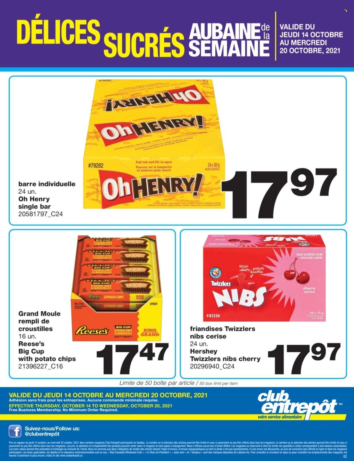 thumbnail - Wholesale Club Flyer - October 14, 2021 - October 20, 2021 - Sales products - cherries, Président, Reese's, potato chips, cup, chips. Page 1.