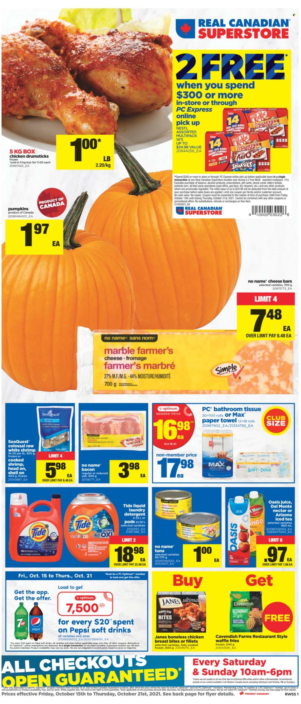 thumbnail - Real Canadian Superstore Flyer - October 15, 2021 - October 21, 2021 - Sales products - pumpkin, tuna, shrimps, No Name, bacon, cheese, potato fries, Pepsi, juice, ice tea, soft drink, AriZona, L'Or, alcohol, chicken breasts, chicken drumsticks, chicken, bath tissue, paper towels, Tide, laundry detergent, Optimum, detergent. Page 1.