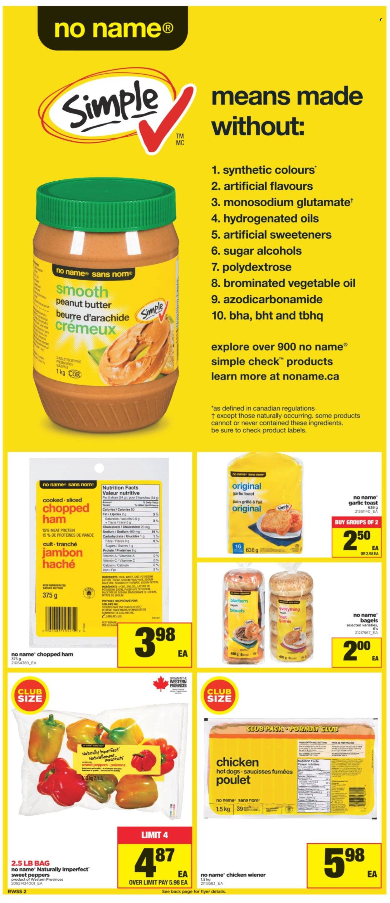 thumbnail - Real Canadian Superstore Flyer - October 15, 2021 - October 21, 2021 - Sales products - bagels, sweet peppers, No Name, hot dog, ham, sugar, vegetable oil, oil, Sure, iron, vitamin c, calcium. Page 2.