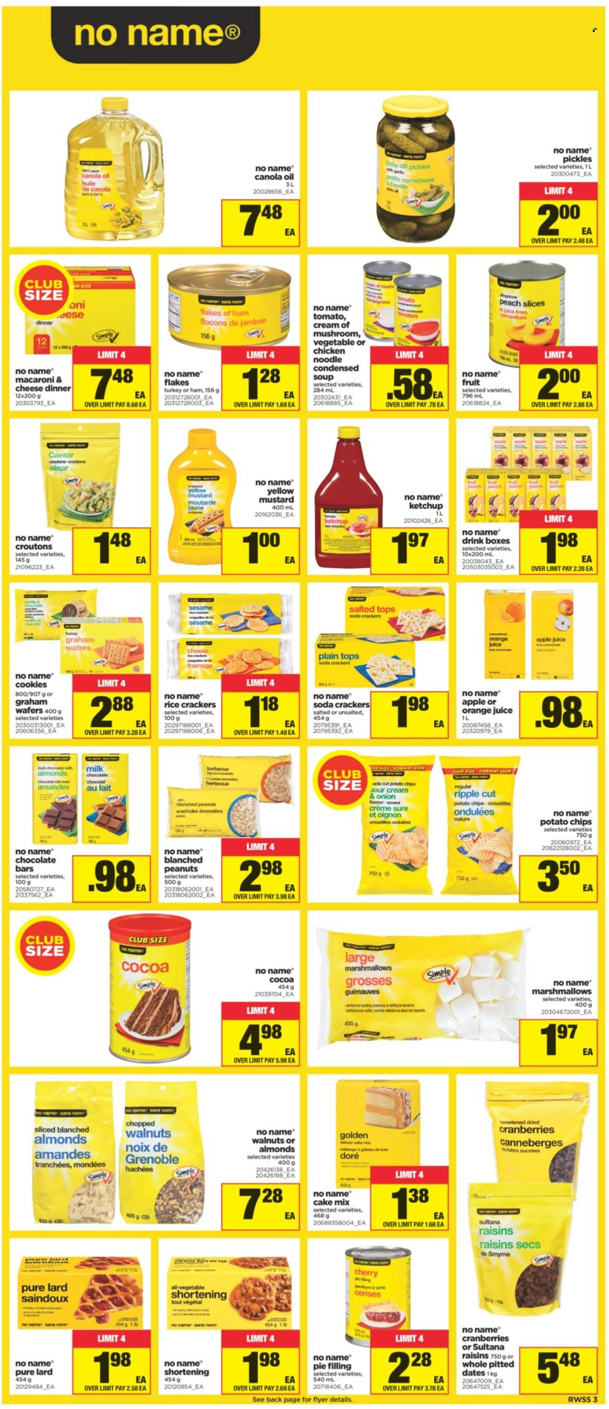 thumbnail - Real Canadian Superstore Flyer - October 15, 2021 - October 21, 2021 - Sales products - cake mix, No Name, macaroni & cheese, soup, noodles, cookies, marshmallows, milk chocolate, wafers, crackers, club milk, chocolate bar, potato chips, rice crackers, croutons, shortening, pie filling, cranberries, pickles, dill, mustard, canola oil, oil, honey, almonds, peanuts, dried fruit, dried dates, apple juice, orange juice, juice, soda, Sure, lard, raisins, ketchup, chips. Page 3.