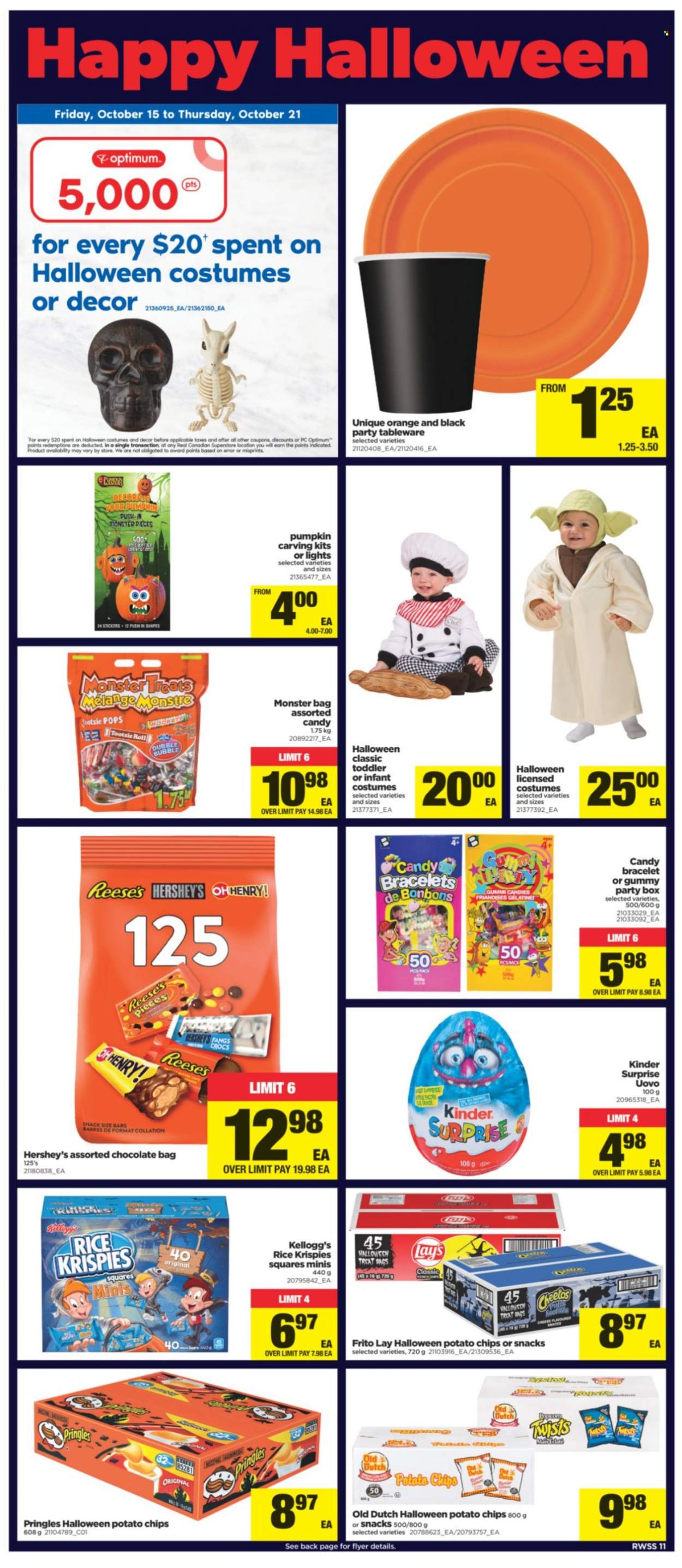 thumbnail - Real Canadian Superstore Flyer - October 15, 2021 - October 21, 2021 - Sales products - pumpkin, Reese's, Hershey's, chocolate, Kinder Surprise, Kellogg's, potato chips, Pringles, Lay’s, Rice Krispies, Monster, bag, tableware, Optimum, Halloween, costume, sticker, chips, oranges. Page 11.