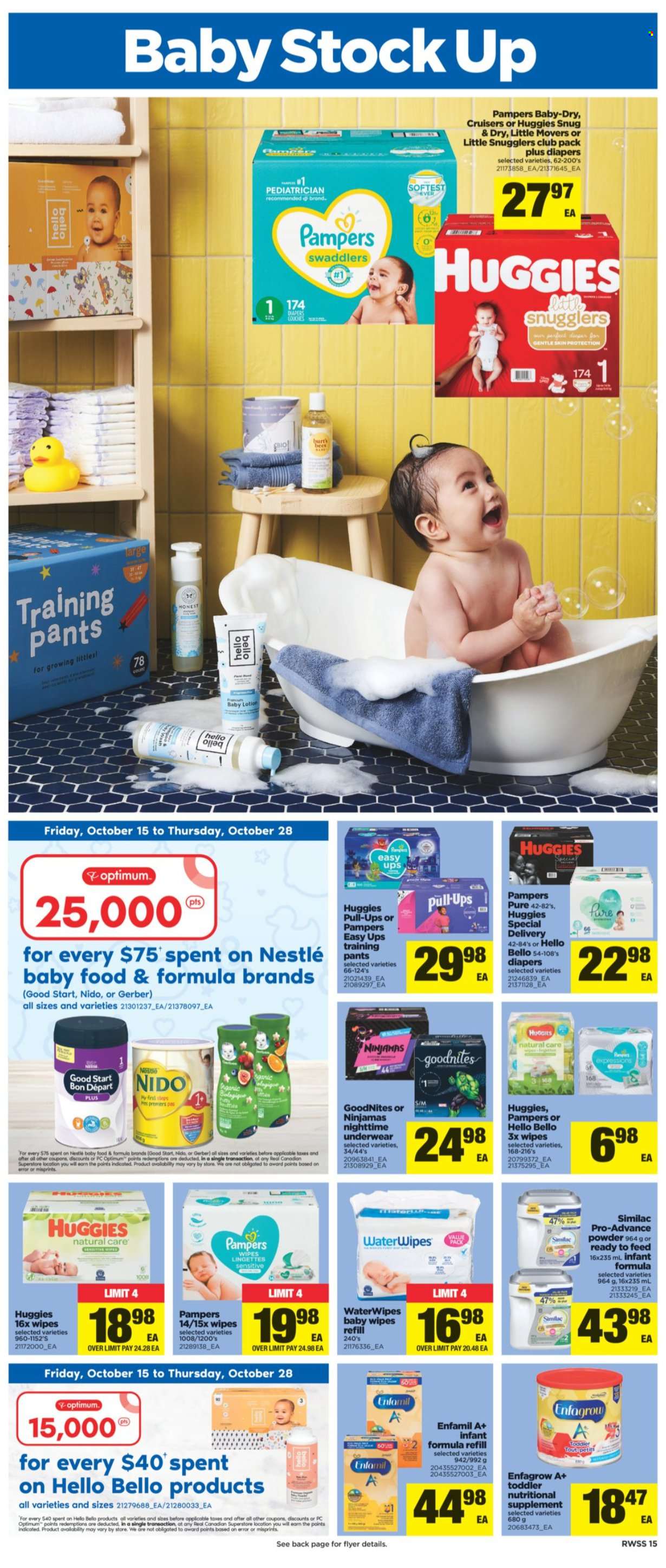 thumbnail - Real Canadian Superstore Flyer - October 15, 2021 - October 21, 2021 - Sales products - Gerber, Enfamil, Similac, wipes, pants, baby wipes, nappies, baby pants, body lotion, Optimum, nutritional supplement, Nestlé, Huggies, Pampers. Page 15.