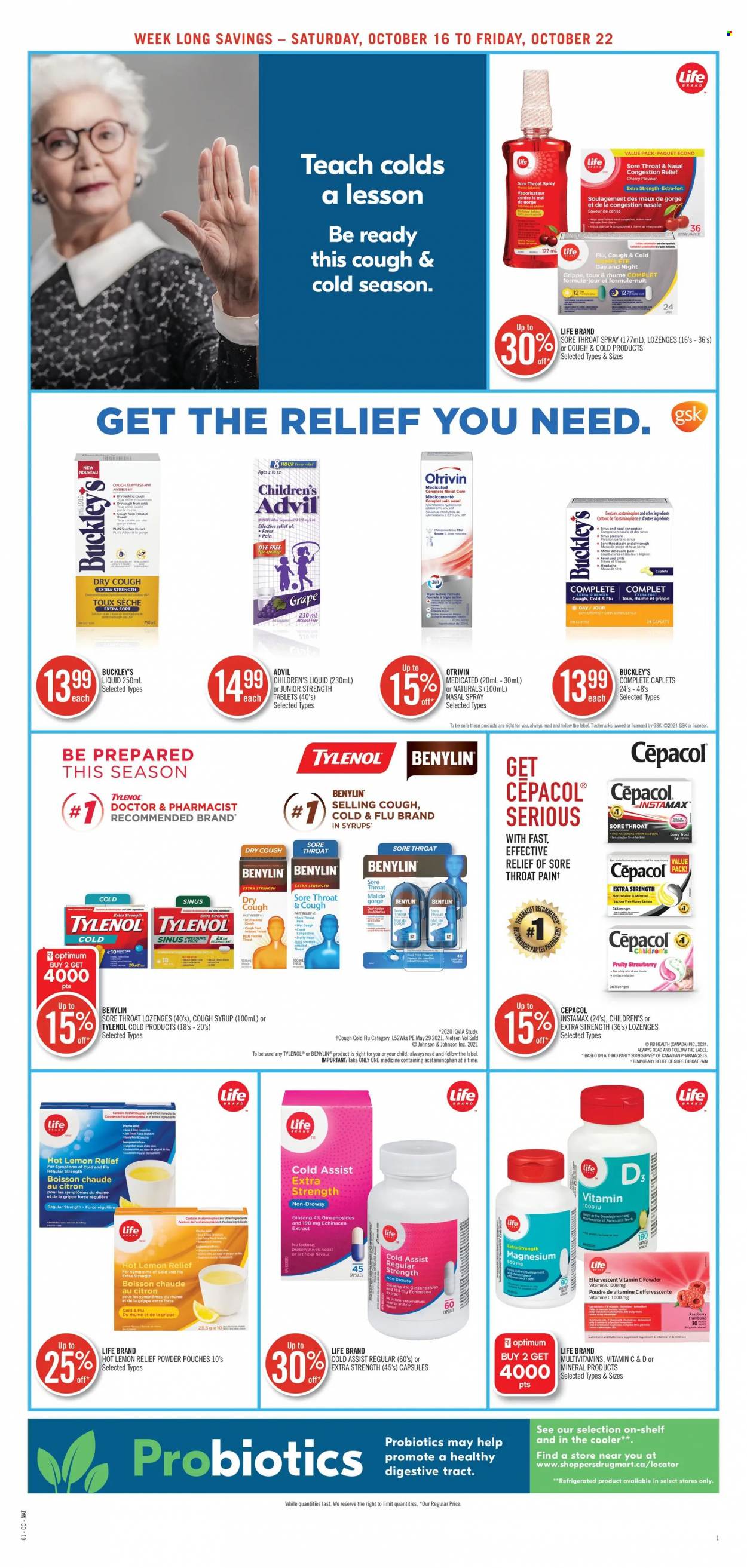 thumbnail - Shoppers Drug Mart Flyer - October 16, 2021 - October 22, 2021 - Sales products - honey, syrup, Johnson's, Sure, Cold & Flu, magnesium, multivitamin, Tylenol, vitamin c, probiotics, ginseng, Advil Rapid, Benylin, nasal spray. Page 4.