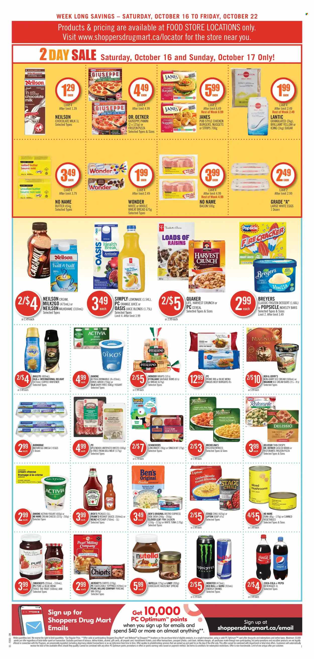 thumbnail - Shoppers Drug Mart Flyer - October 16, 2021 - October 22, 2021 - Sales products - milk chocolate, Hershey's, cream cheese, pancakes, Dr. Oetker, salmon, strawberry jam, tuna, Heinz, pickles, soup, canned vegetables, sauce, cereals, Quaker, noodles, fruit jam, hazelnut spread, dried fruit, Coca-Cola, lemonade, Pepsi, orange juice, juice, fruit juice, energy drink, Monster, Clover, Red Bull, coffee, Omega-3, alcohol, granola, raisins, ketchup, Nutella, Lipton, Lindt. Page 6.