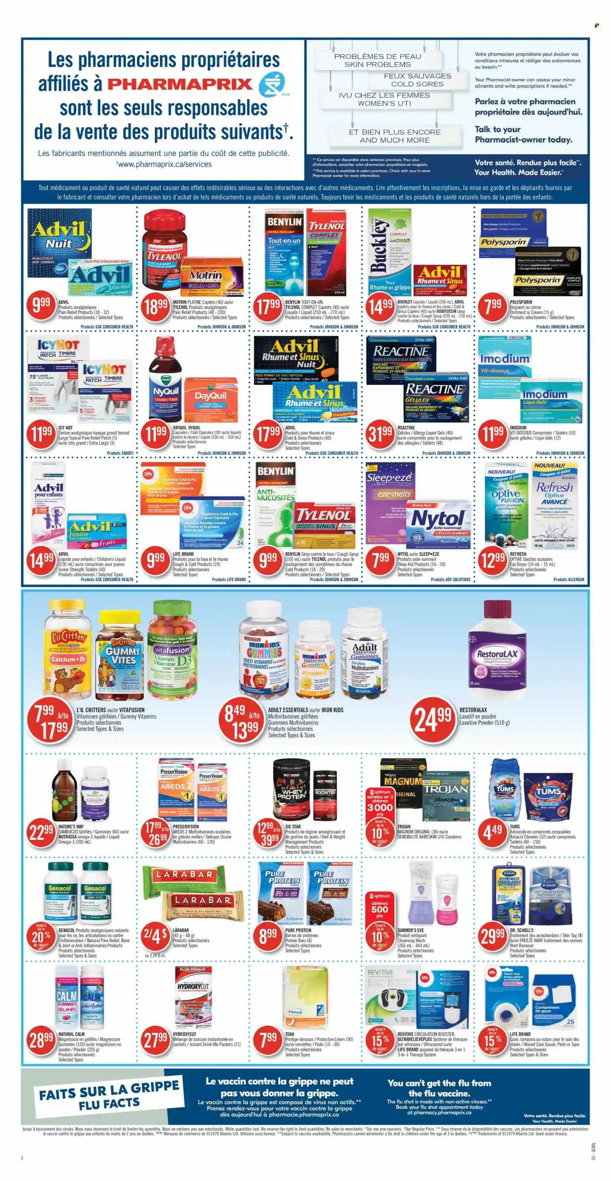 thumbnail - Pharmaprix Flyer - October 16, 2021 - October 22, 2021 - Sales products - Magnum, protein bar, syrup, Johnson's, ointment, tampons, Vicks, book, iron, Revitive, pendant, pain relief, DayQuil, Cold & Flu, magnesium, multivitamin, Tylenol, Vitafusion, NyQuil, Omega-3, eye drops, Advil Rapid, Antacid, laxative, vitamin D3, Benylin, Motrin, Dr. Scholl's, calcium, Robitussin, Imodium. Page 2.