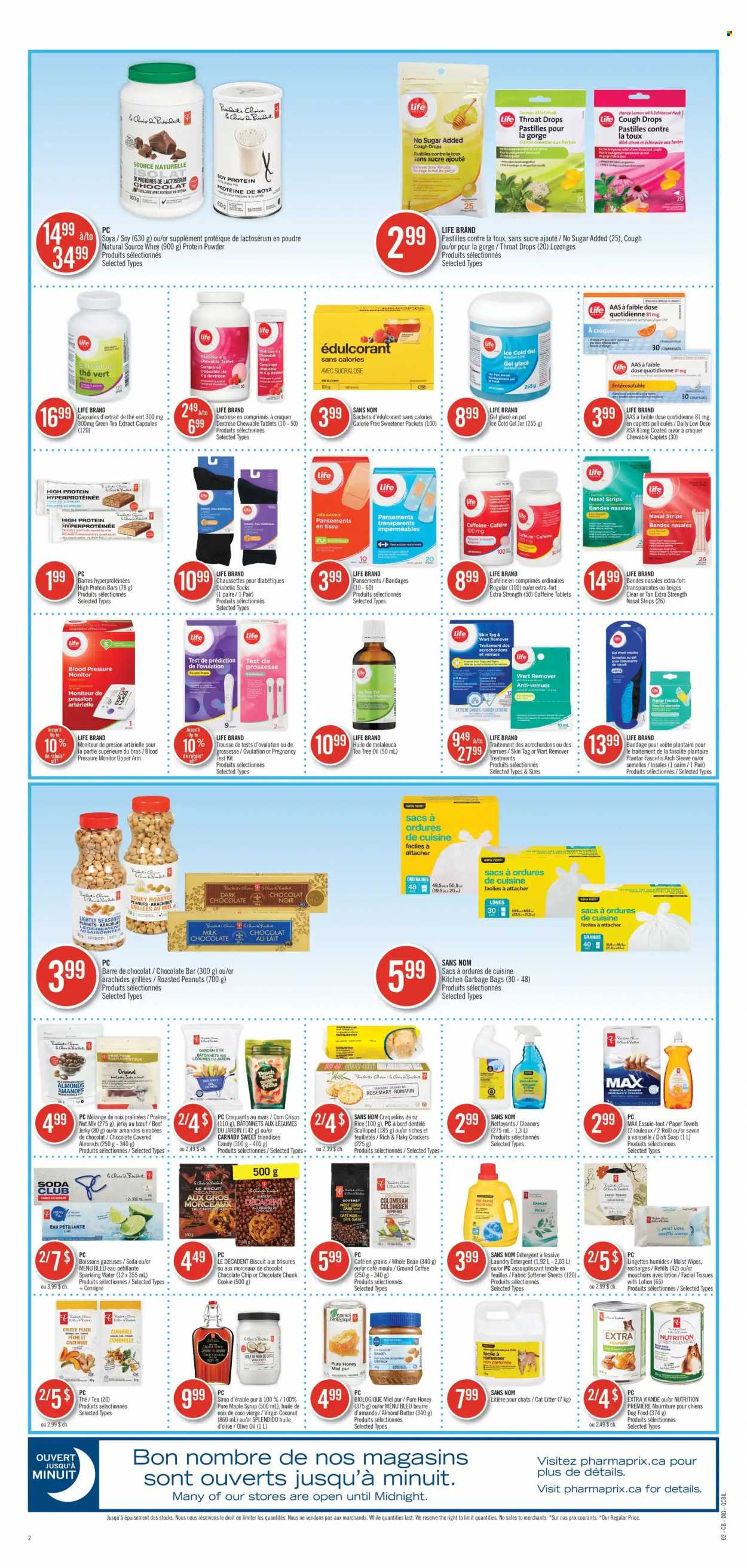 thumbnail - Pharmaprix Flyer - October 16, 2021 - October 22, 2021 - Sales products - tablet, corn, coconut, beef jerky, jerky, almond butter, cookies, milk chocolate, crackers, biscuit, dark chocolate, pastilles, chocolate bar, stevia, sweetener, protein bar, rice, rosemary, olive oil, oil, maple syrup, honey, syrup, almonds, roasted peanuts, peanuts, soda, sparkling water, green tea, tea, coffee, ground coffee, wipes, tissues, kitchen towels, paper towels, fabric softener, laundry detergent, soap, facial tissues, body lotion, Eclat, bag, pot, jar, pressure monitor, whey protein, tea tree oil, cough drops, Low Dose, detergent. Page 12.