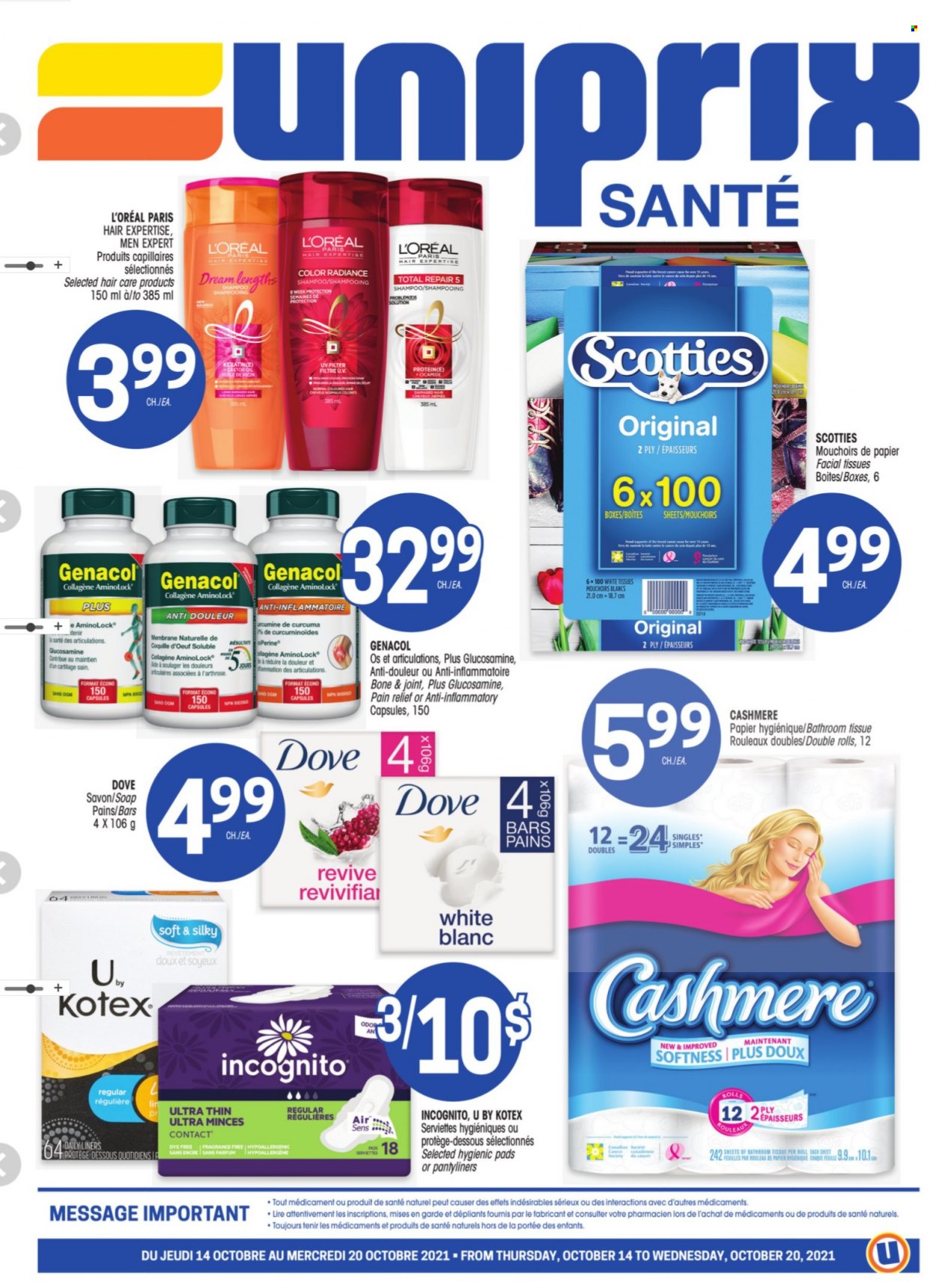 thumbnail - Uniprix Santé Flyer - October 14, 2021 - October 20, 2021 - Sales products - bath tissue, soap, Kotex, pantyliners, facial tissues, L’Oréal, pain relief, Dove, shampoo. Page 1.