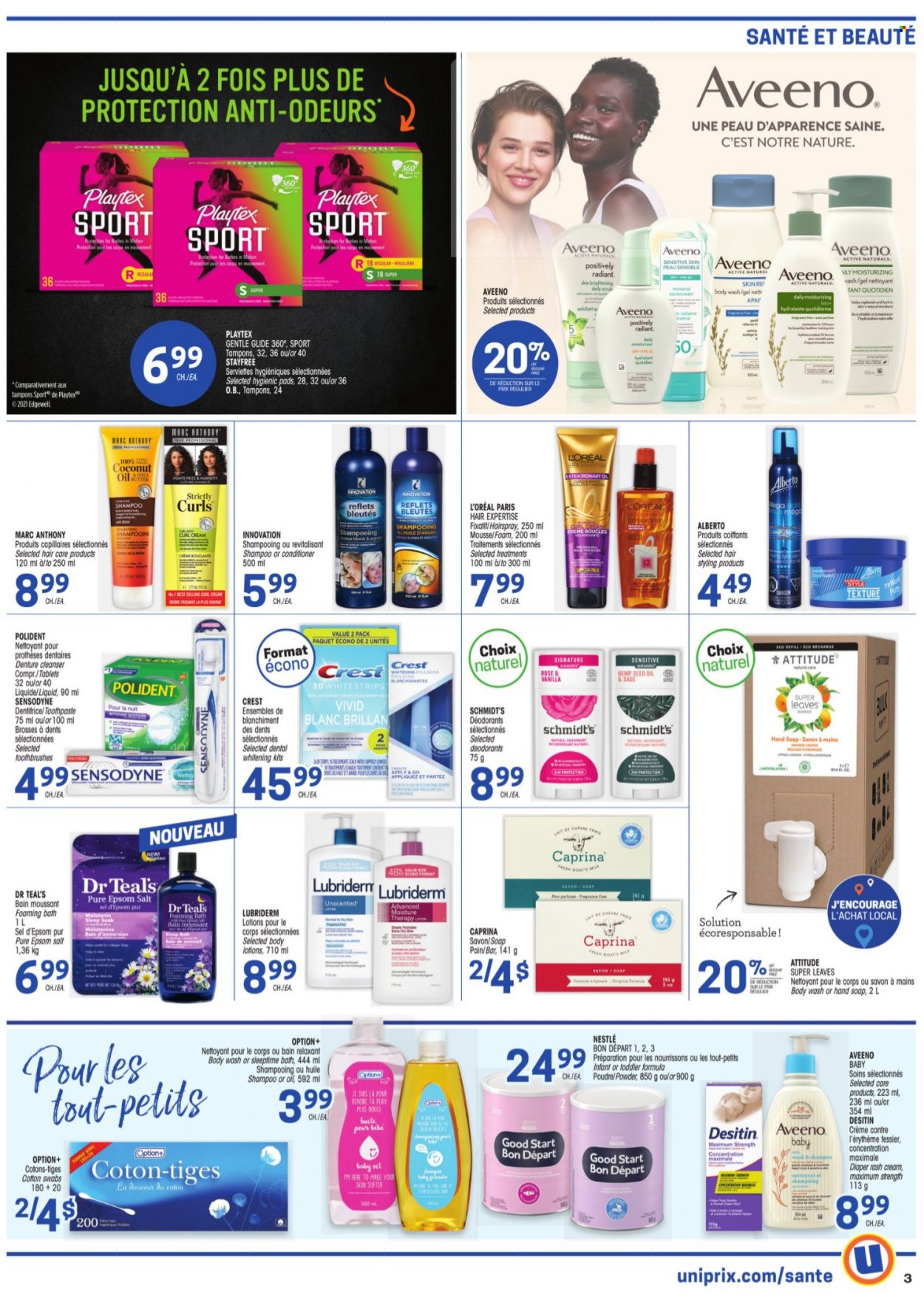 thumbnail - Uniprix Santé Flyer - October 14, 2021 - October 20, 2021 - Sales products - coconut oil, Aveeno, body wash, hand soap, soap, toothpaste, Polident, Crest, Stayfree, Playtex, tampons, cleanser, L’Oréal, Moisture Therapy, conditioner, Lubriderm, Melatonin, Desitin, Nestlé, shampoo, Sensodyne, deodorant. Page 3.