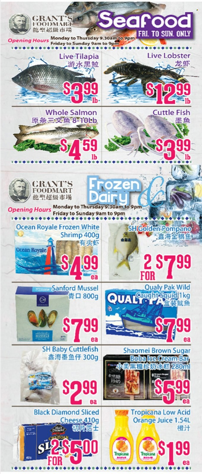 thumbnail - Grant's Foodmart Flyer - October 15, 2021 - October 21, 2021 - Sales products - cuttlefish, lobster, mussels, salmon, squid, tilapia, pompano, fish, shrimps, sliced cheese, cheddar, cheese, cane sugar, orange juice, juice, Grant's. Page 2.